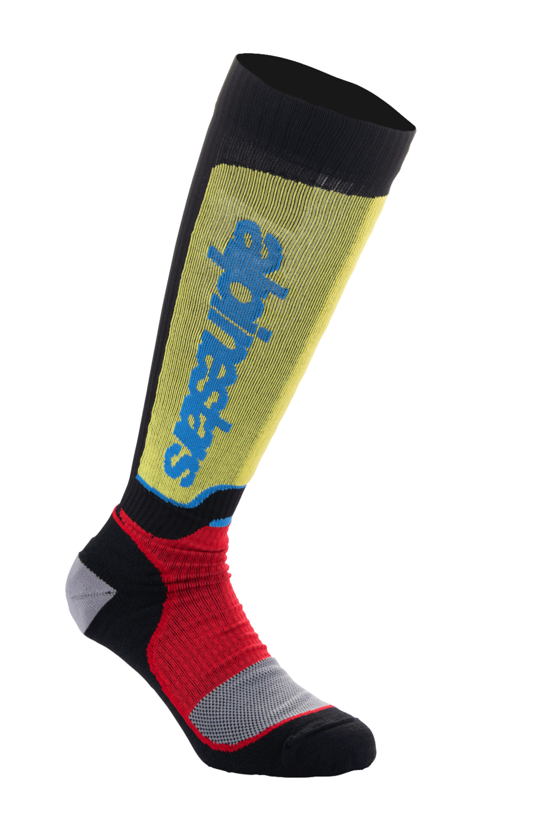 Meias Alpinestars MX Plus, meias de motocross, pretas, amarelas e vermelhas com logótipo azul, design de altura até ao joelho com textura em nervuras e acolchoamento cinzento reforçado, meias técnicas de alta performance para off-road