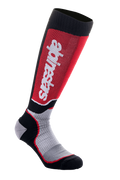 Alpinestars MX Plus Socks, Motocross Riding Socks, Black Gray and Red, featuring vertical white Alpinestars branding on a red calf panel, ribbed performance fabric, and reinforced heel and toe.