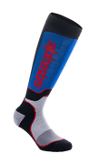 Alpinestars MX Plus Socks, Motocross Riding Socks, Black, Royal Blue, and Grey, featuring red Alpinestars branding, ribbed texture for stretch, mesh ventilation zones, and reinforced padding for off-road comfort