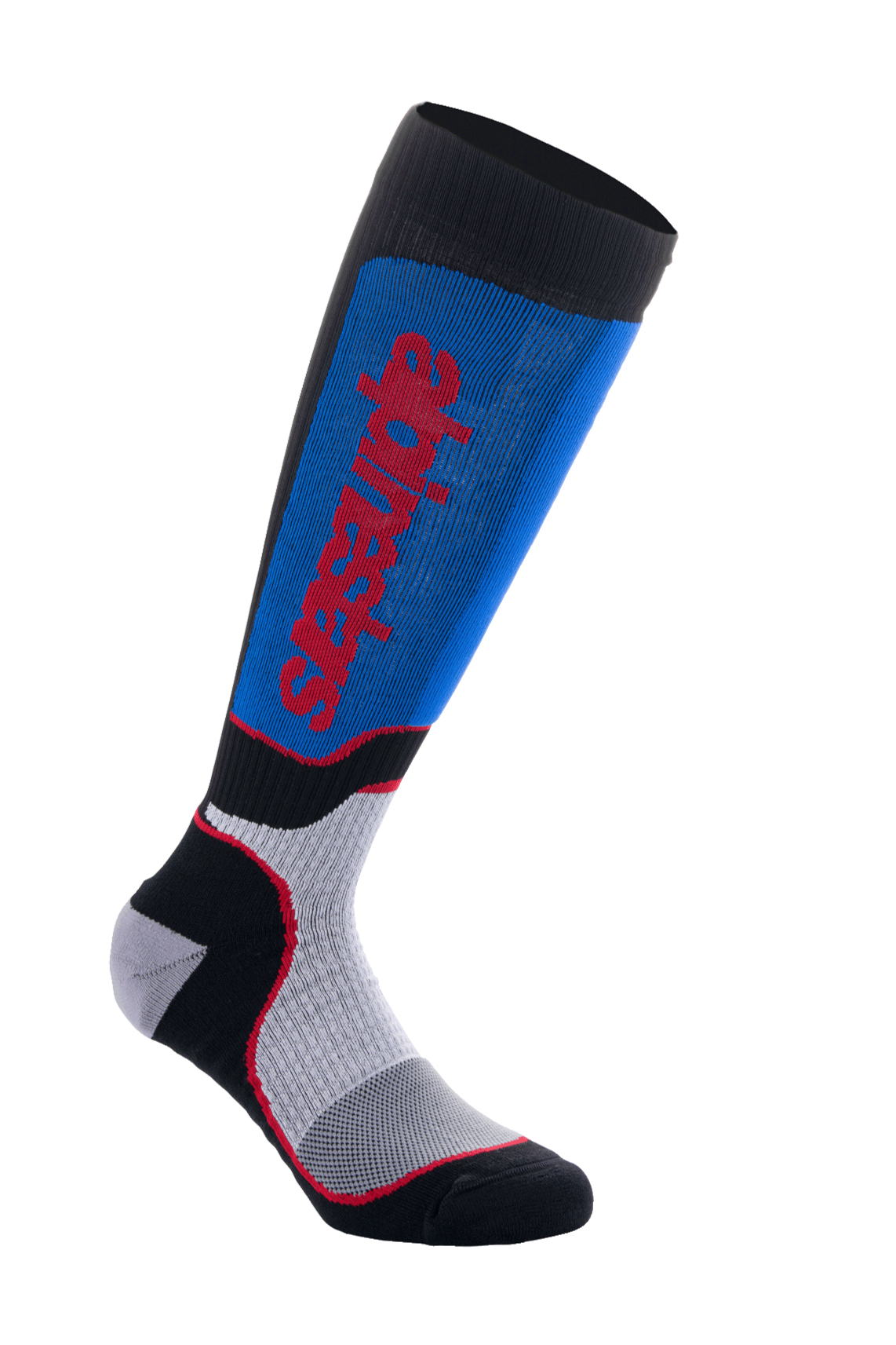 Meias Alpinestars MX Plus, meias de motocross, pretas, azul royal e cinzentas, com a marca Alpinestars a vermelho, textura canelada para elasticidade, zonas de ventilação em malha e acolchoamento reforçado para conforto no todo-o-terreno