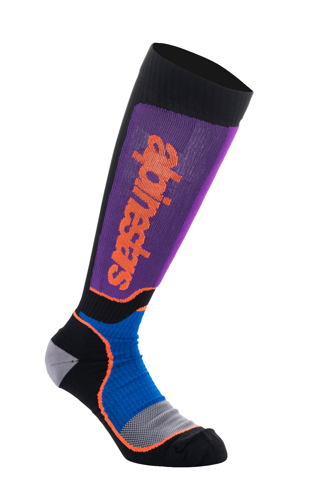Meias Alpinestars MX Plus, meias altas de motocross, pretas, azul royal e roxas, com perna canelada roxa e logótipo vertical Alpinestars em laranja, painéis de malha azul royal no tornozelo com detalhes laranja e pé reforçado cinzento e preto, equipamento de performance para todo-o-terreno