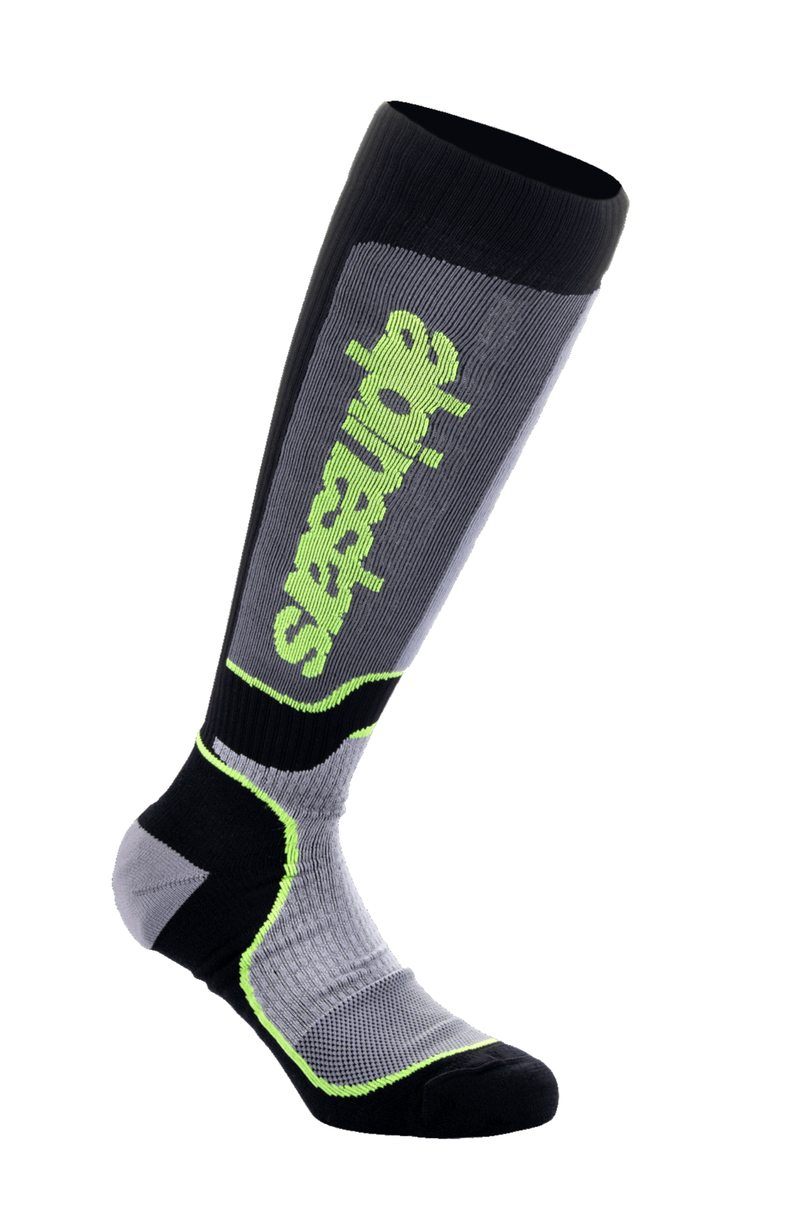 Meias Alpinestars MX Plus, meias altas de motocross, preto, cinzento e amarelo néon, com logótipo Alpinestars vertical, texturas caneladas e em malha, equipamento técnico de condução de alta performance