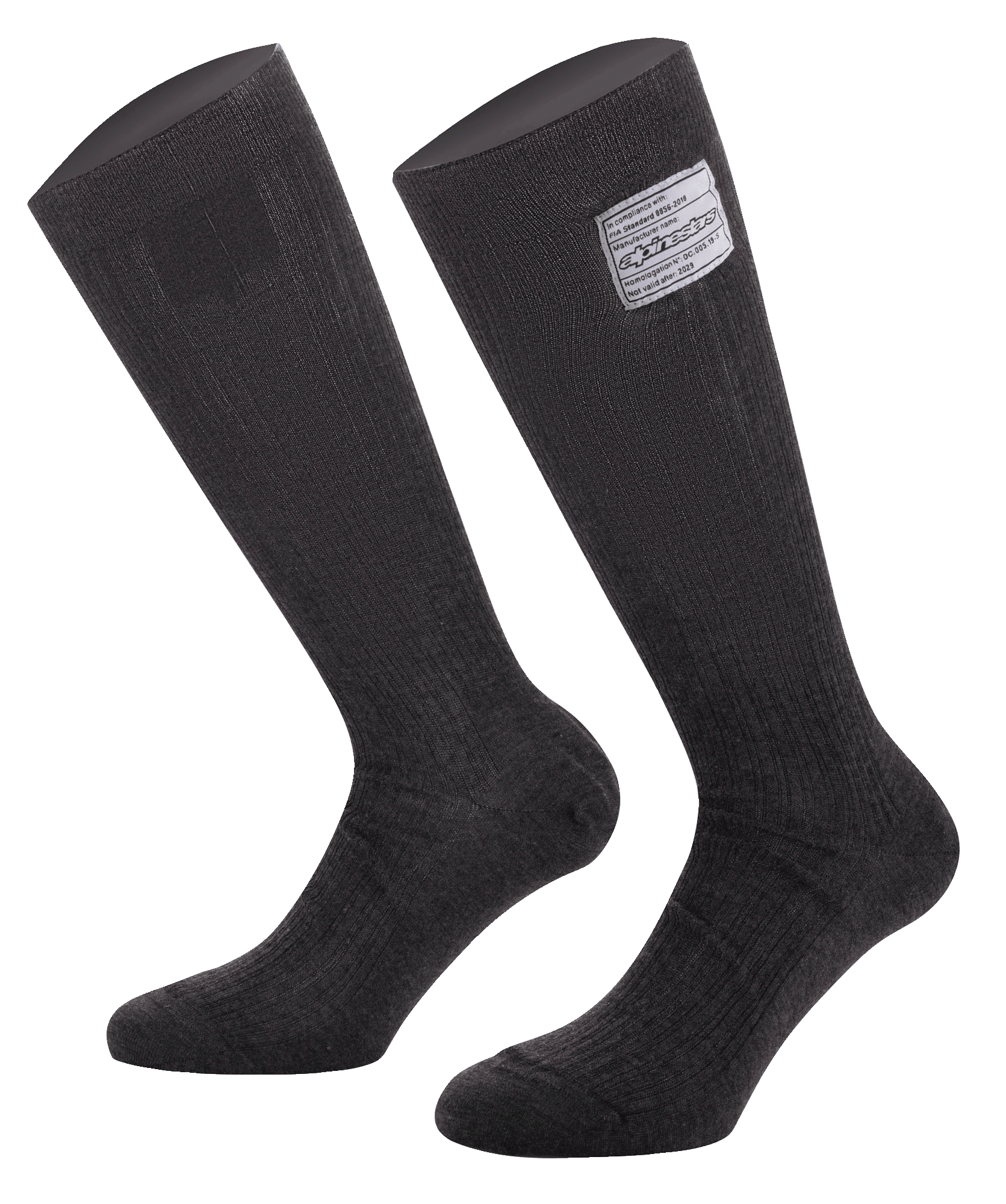Alpinestars Race V4 Socks, meias de automobilismo, pretas, com etiqueta de certificação FIA 8856-2018, construção em Nomex resistente ao fogo com textura canelada, comprimento até ao joelho, camada de base técnica para desportos motorizados