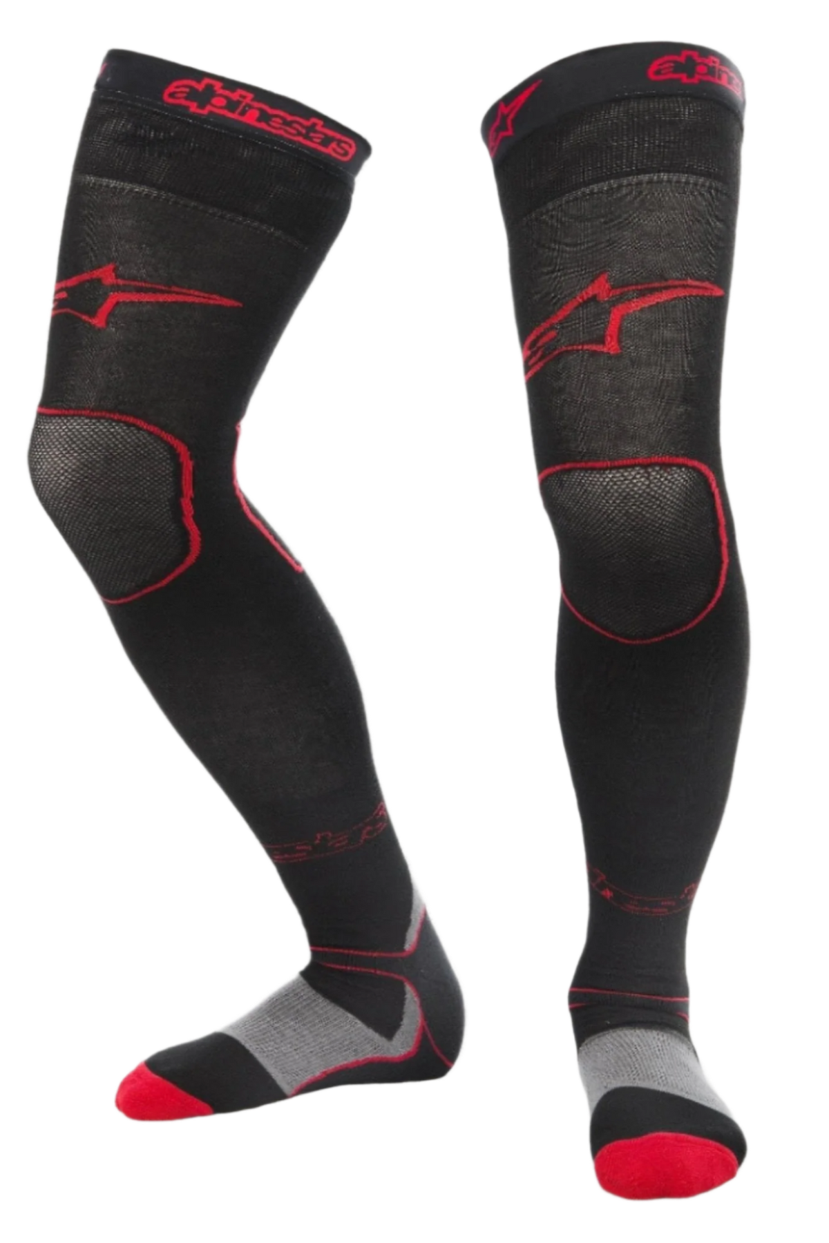 Meias Alpinestars MX Long Tech Thick, meias de motocross, pretas e vermelhas, comprimento até meio da coxa com logótipos vermelhos, detalhes na sola em cinzento e vermelho, tecido técnico concebido para corridas fora de estrada e botas de motocross