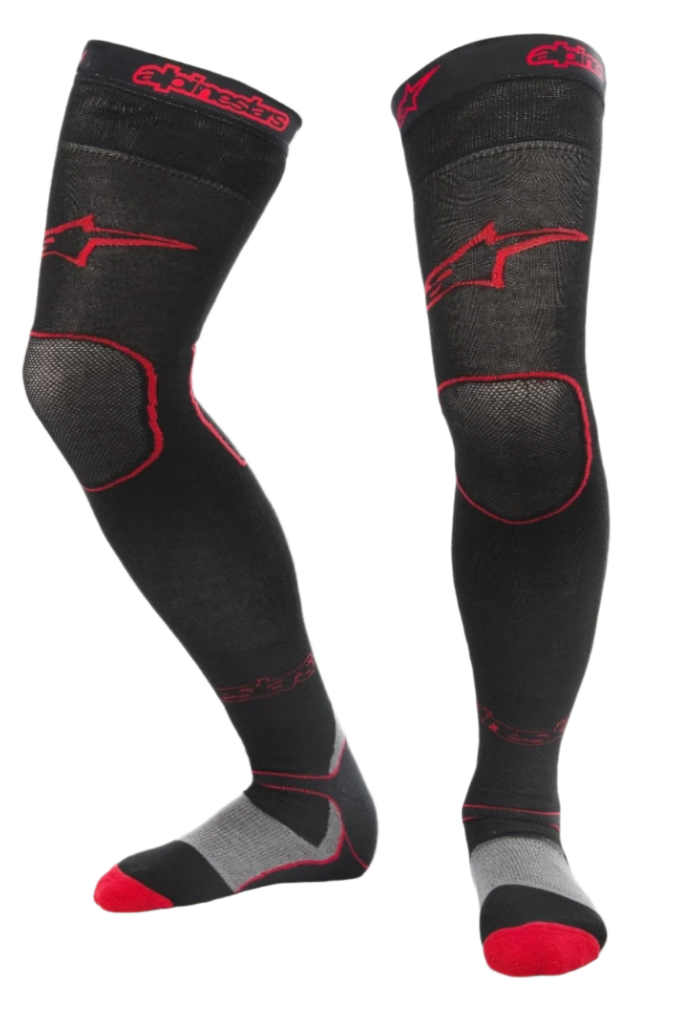Meias Alpinestars MX Long Tech Thick, meias de motocross, pretas e vermelhas, comprimento até meio da coxa com logótipos vermelhos, detalhes na sola em cinzento e vermelho, tecido técnico concebido para corridas fora de estrada e botas de motocross