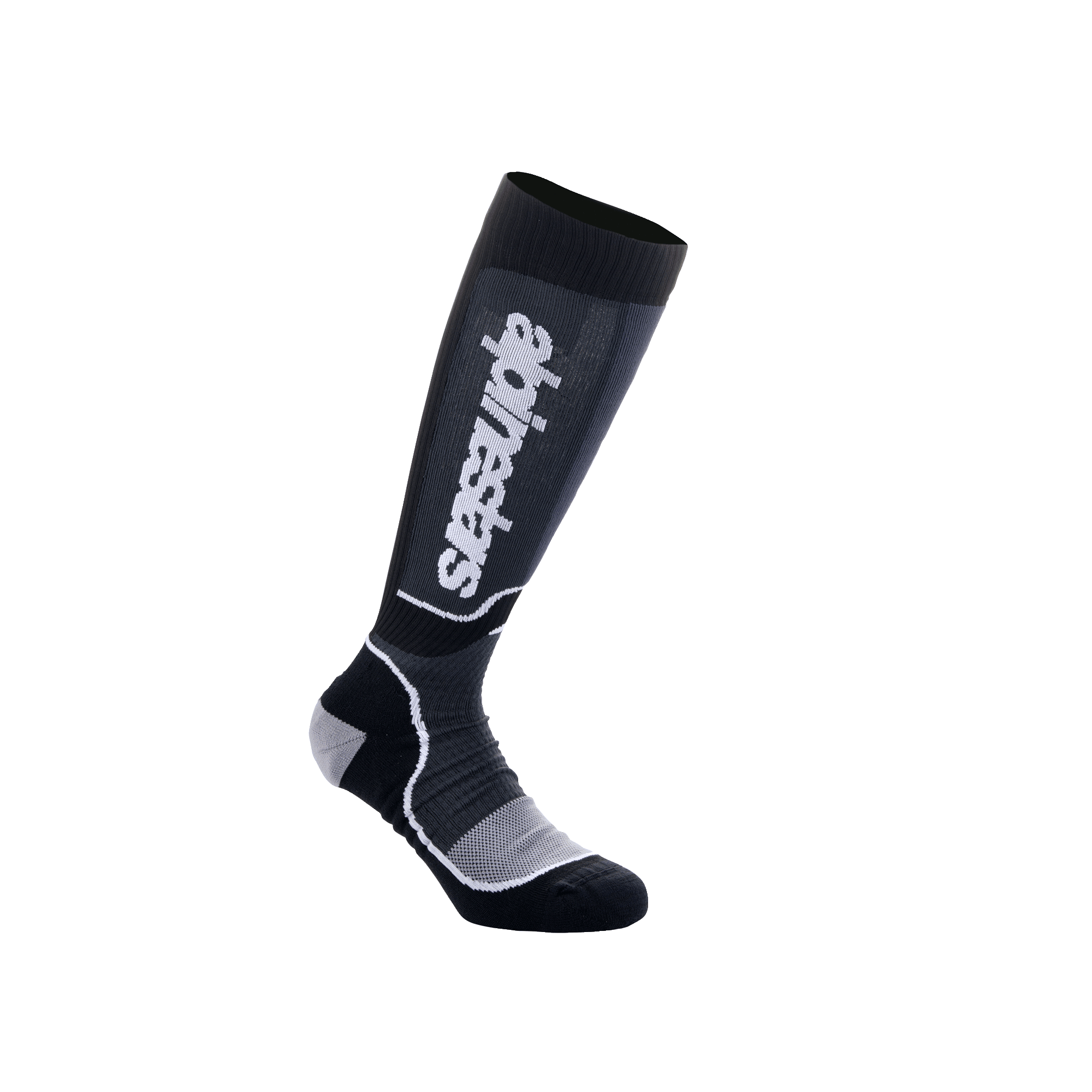 Meias Alpinestars Youth MX Plus, meias altas de motocross para jovens, pretas e cinzentas, com logótipo Alpinestars em branco, textura canelada com calcanhar e biqueira reforçados, construção de camada única respirável para performance em todo-o-terreno