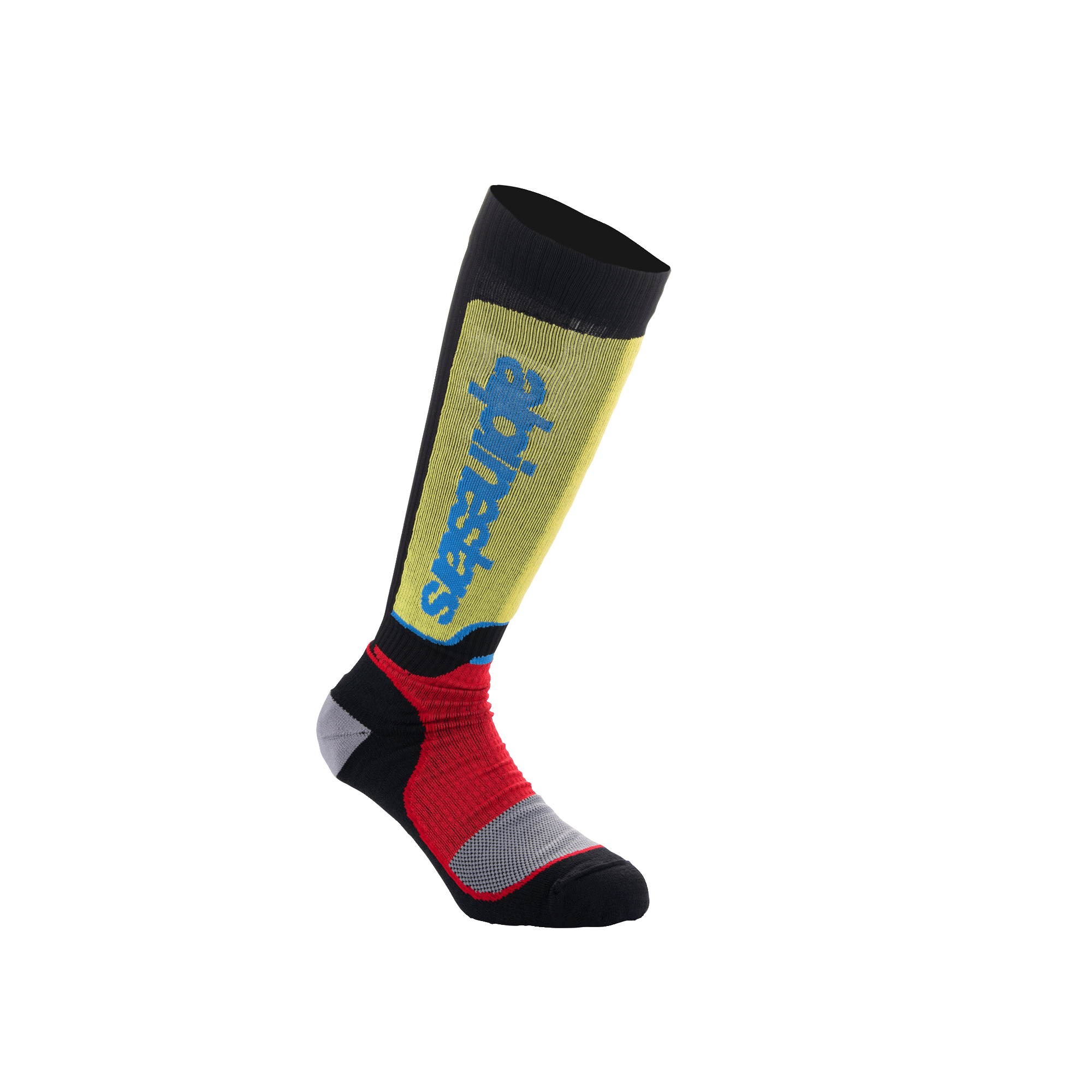 Alpinestars Youth MX Plus Socks, Motocross Riding Socks, Black with Yellow Red and Light Blue accents, knee-high length, featuring ribbed construction and vertical Alpinestars branding on the shin