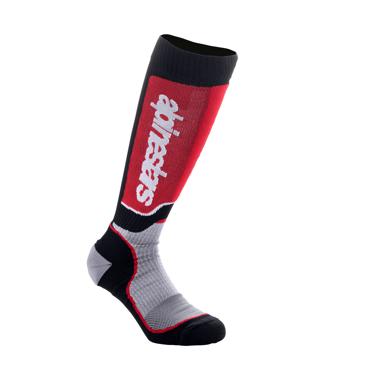 Alpinestars Youth MX Plus Socks, Motocross Riding Socks, Black Gray and Red, featuring vertical white logo on red shin panel, technical single-layer construction with breathable mesh zones, designed for off-road motorcycle boots