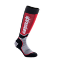 Alpinestars Youth MX Plus Socks, meias de motocross, preto, cinzento e vermelho, com logótipo branco vertical no painel vermelho da canela, construção técnica de camada única com zonas de malha respirável, concebidas para botas de motociclismo todo-o-terreno