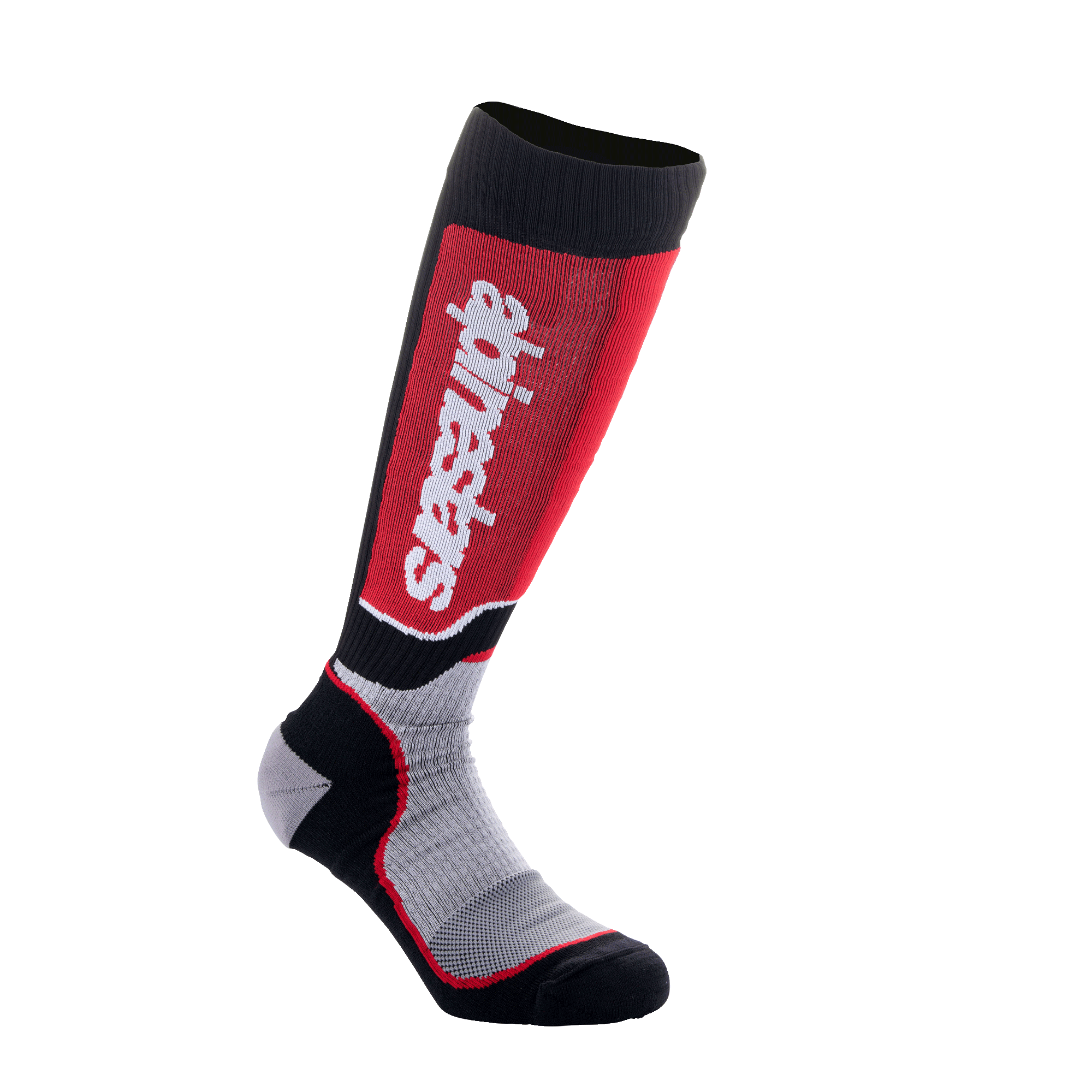 Alpinestars Youth MX Plus Socks, meias de motocross, preto, cinzento e vermelho, com logótipo branco vertical no painel vermelho da canela, construção técnica de camada única com zonas de malha respirável, concebidas para botas de motociclismo todo-o-terreno