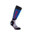 Meias Alpinestars Youth MX Plus, meias de motocross até ao joelho, preto, azul royal e cinzento, com logótipo Alpinestars vertical em vermelho, ajuste de compressão canelado com calcanhar e biqueira reforçados, equipamento de performance para jovens pilotos