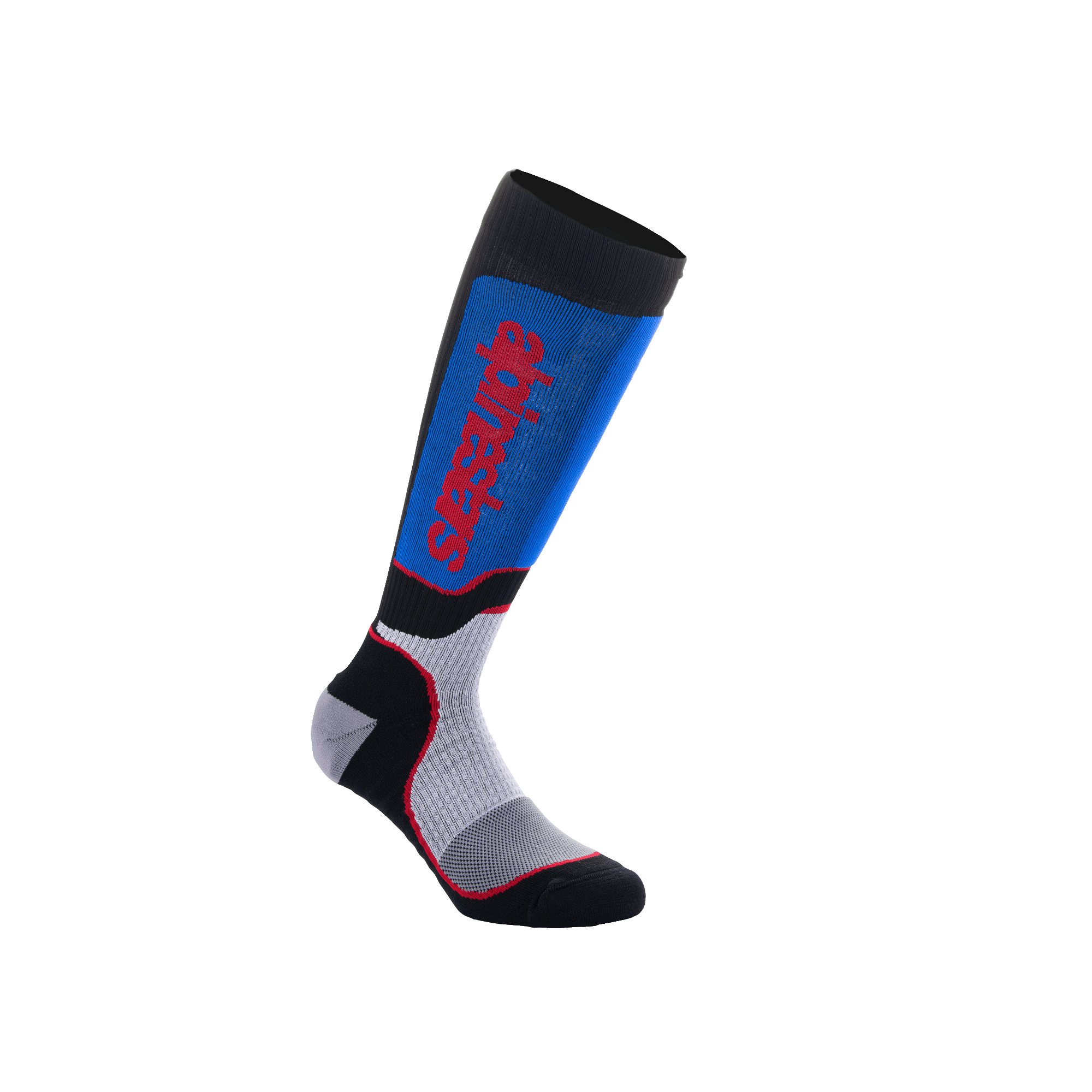 Meias Alpinestars Youth MX Plus, meias de motocross até ao joelho, preto, azul royal e cinzento, com logótipo Alpinestars vertical em vermelho, ajuste de compressão canelado com calcanhar e biqueira reforçados, equipamento de performance para jovens pilotos
