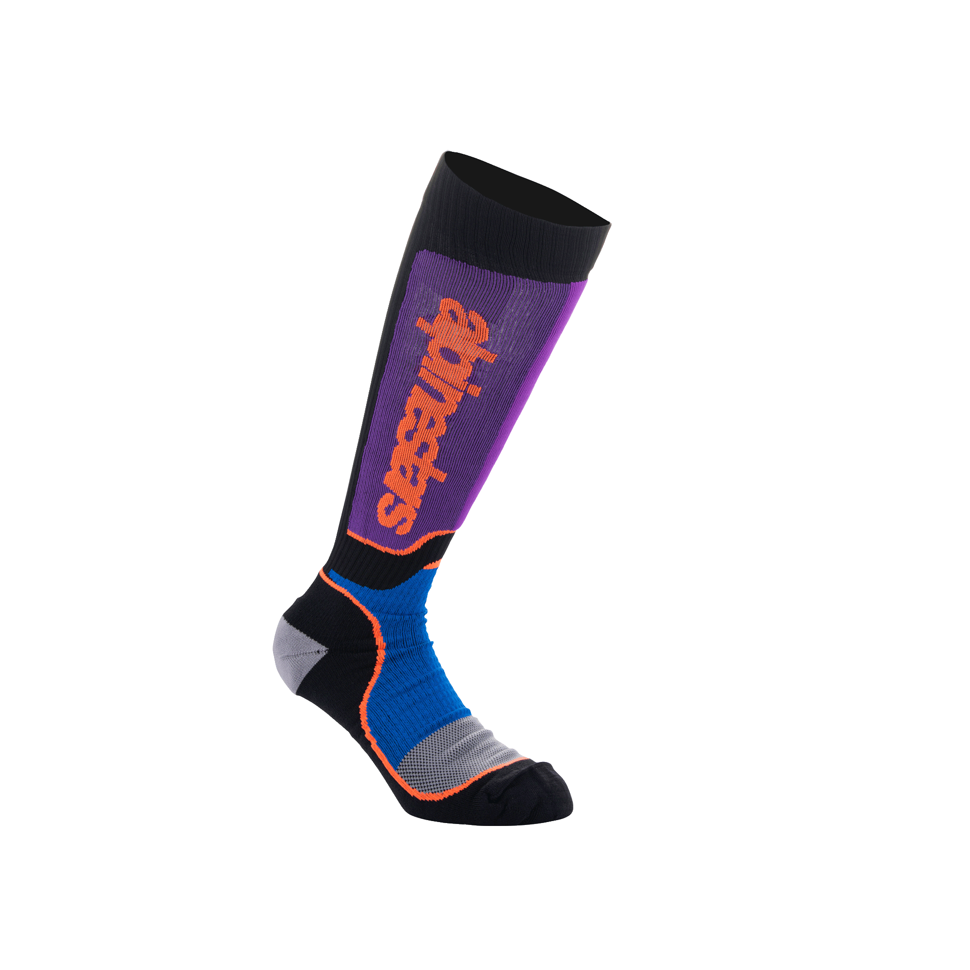 Alpinestars Youth MX Plus Socks, Motocross Knee-High Socks, Black, Royal Blue, and Purple with Orange branding, featuring ribbed construction and reinforced heel and toe for off-road riding
