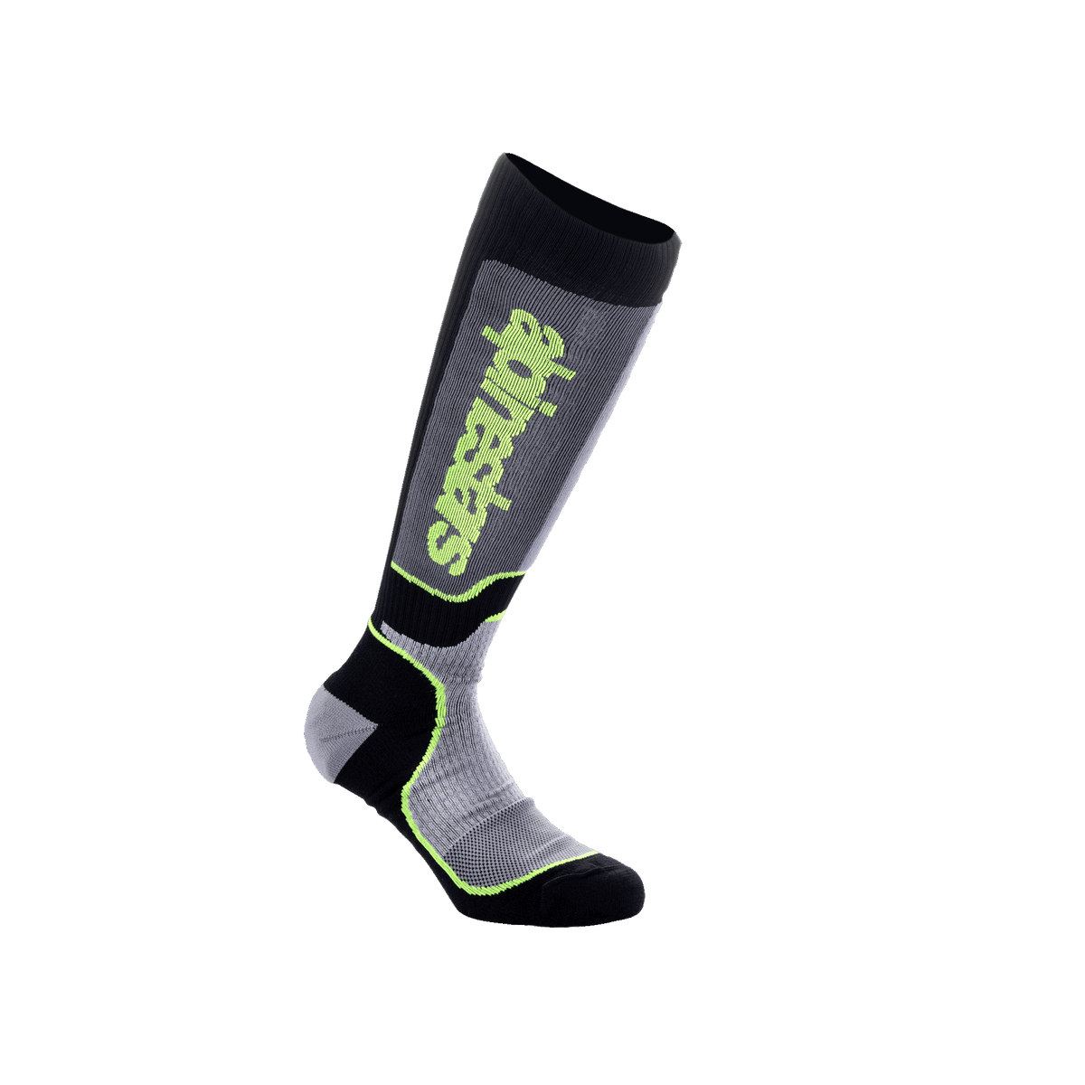 Alpinestars Youth MX Plus Socks, Motocross Riding Socks, Black Gray and Yellow Fluo, knee-high performance design with ribbed construction and Alpinestars logo, for off-road motorcycle racing