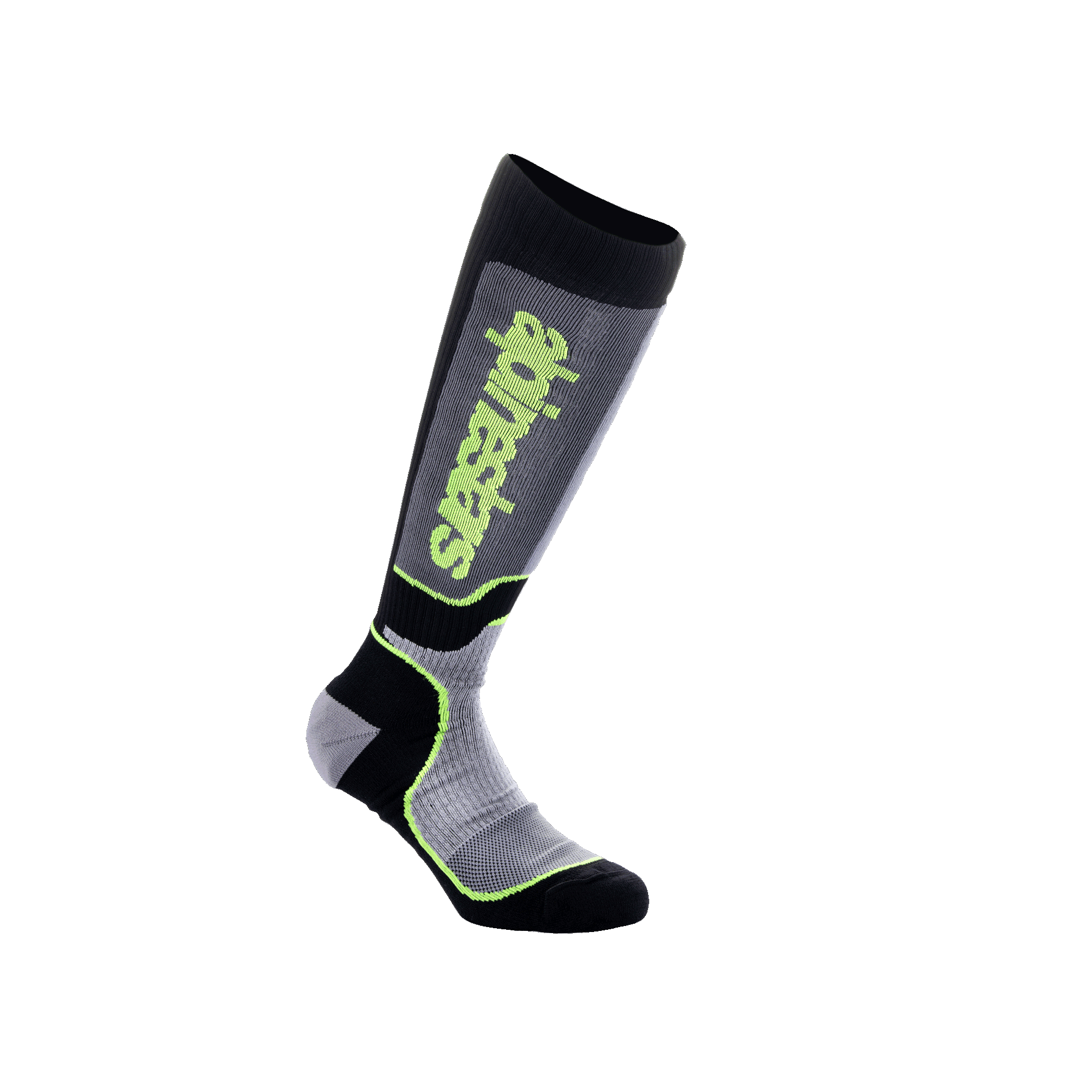 Meias Alpinestars Youth MX Plus, meias de motocross, pretas, cinzentas e amarelo néon, design de performance até ao joelho com construção canelada e logótipo Alpinestars, para corridas de motociclismo todo-o-terreno