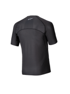 Alpinestars Tech KX Sim Top, camada base de karting de manga curta, preta, vista traseira mostrando painéis de malha respirável nos ombros e na parte superior das costas, construção de costuras ergonómicas, tecido de alta performance com absorção de humidade
