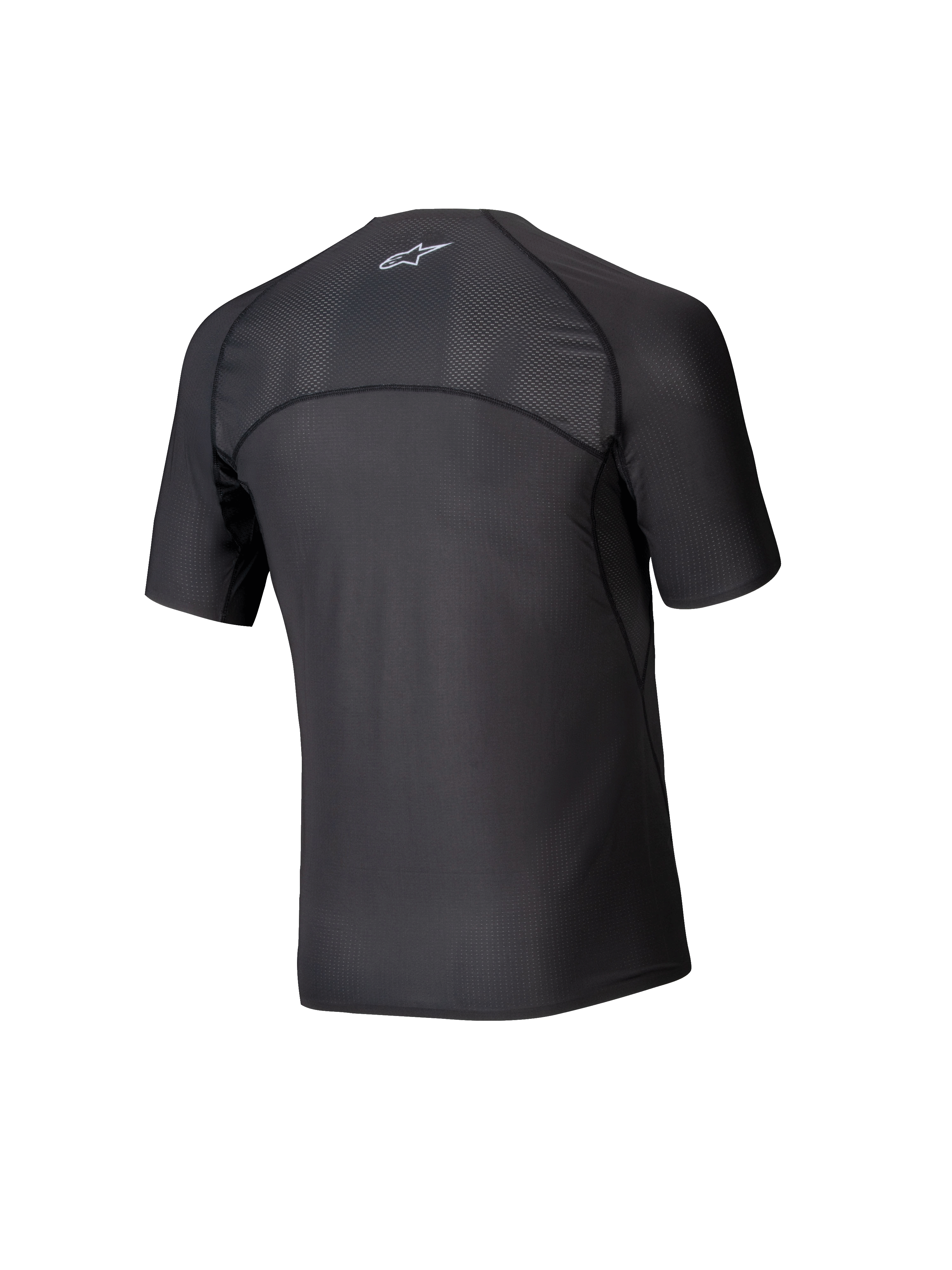 Alpinestars Tech KX Sim Top, camada base de karting de manga curta, preta, vista traseira mostrando painéis de malha respirável nos ombros e na parte superior das costas, construção de costuras ergonómicas, tecido de alta performance com absorção de humidade