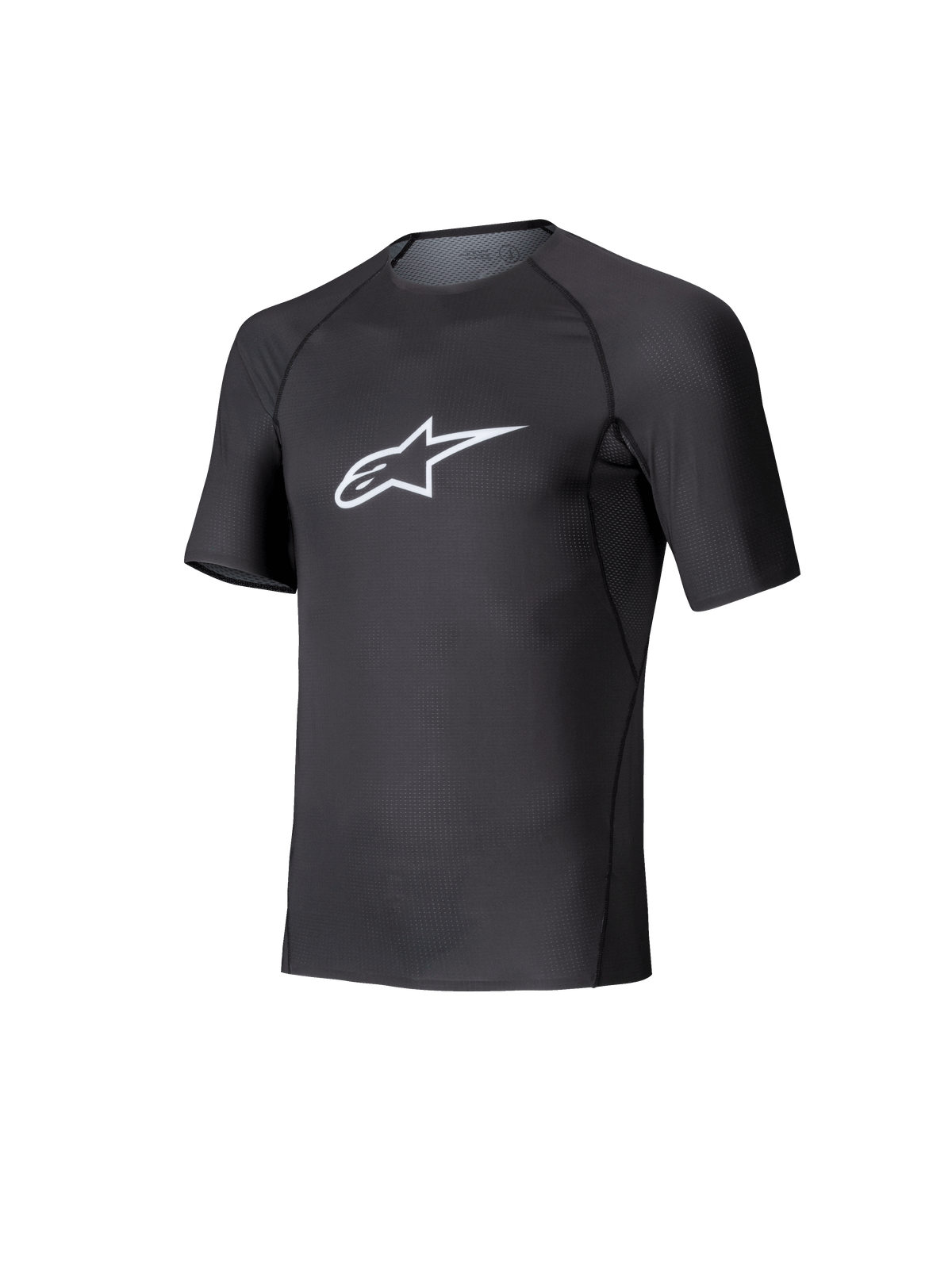 Alpinestars Tech KX Sim Top, camada base de karting de manga curta, preta com logótipo Astars branco no peito, construção em malha elástica respirável, ajuste ergonómico para karting e sim racing