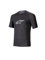 Alpinestars Tech KX Sim Top, camada base de karting de manga curta, preta com logótipo Astars branco no peito, construção em malha elástica respirável, ajuste ergonómico para karting e sim racing