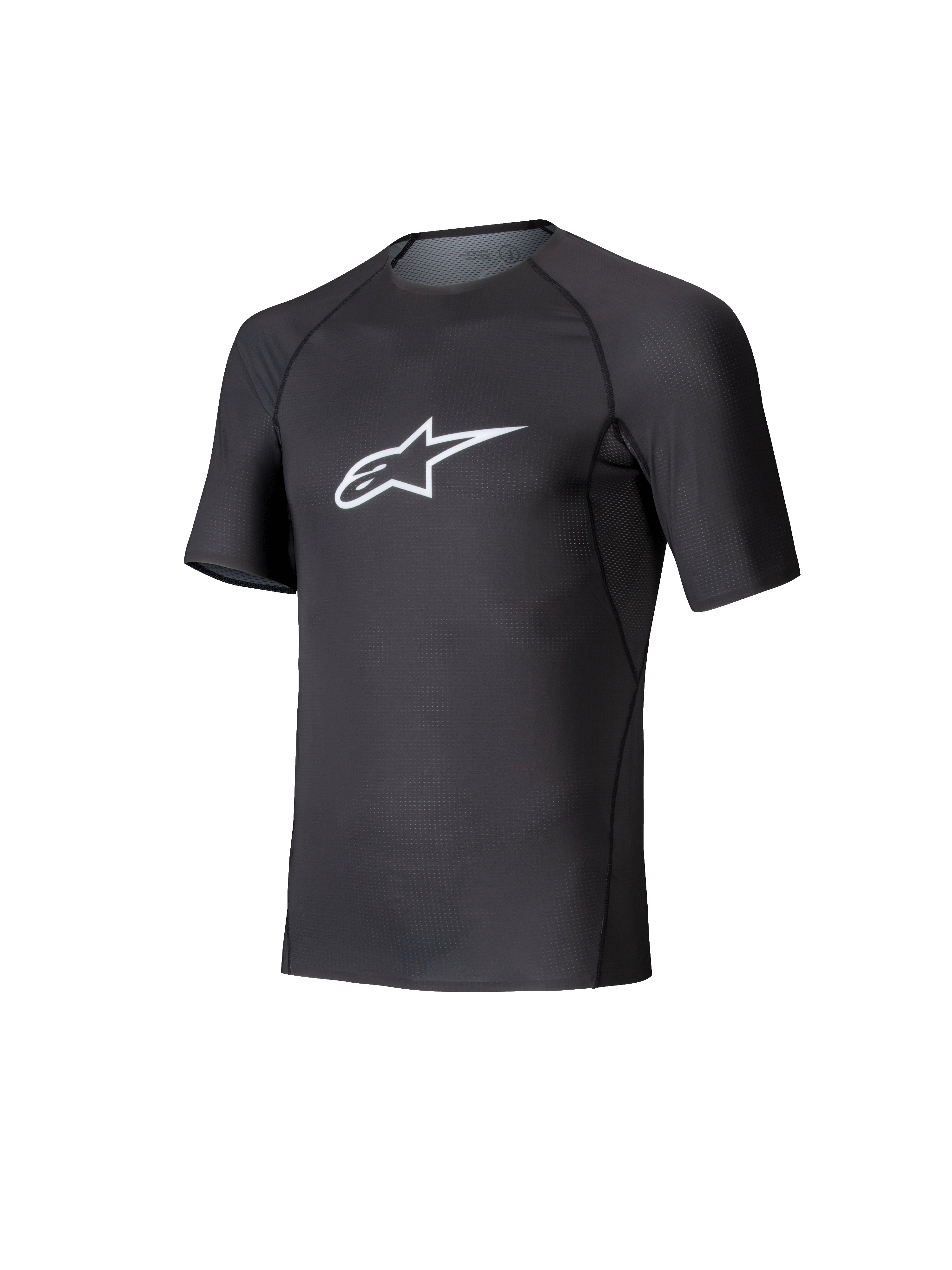 Alpinestars Tech KX Sim Top, camada base de karting de manga curta, preta com logótipo Astars branco no peito, construção em malha elástica respirável, ajuste ergonómico para karting e sim racing