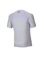 Alpinestars Tech KX Sim Top - Manga Curta, camada base de karting branca, vista traseira, apresenta painel superior das costas em malha respirável, logótipo Alpinestars preto na zona do pescoço, material elástico ergonómico para performance em competição