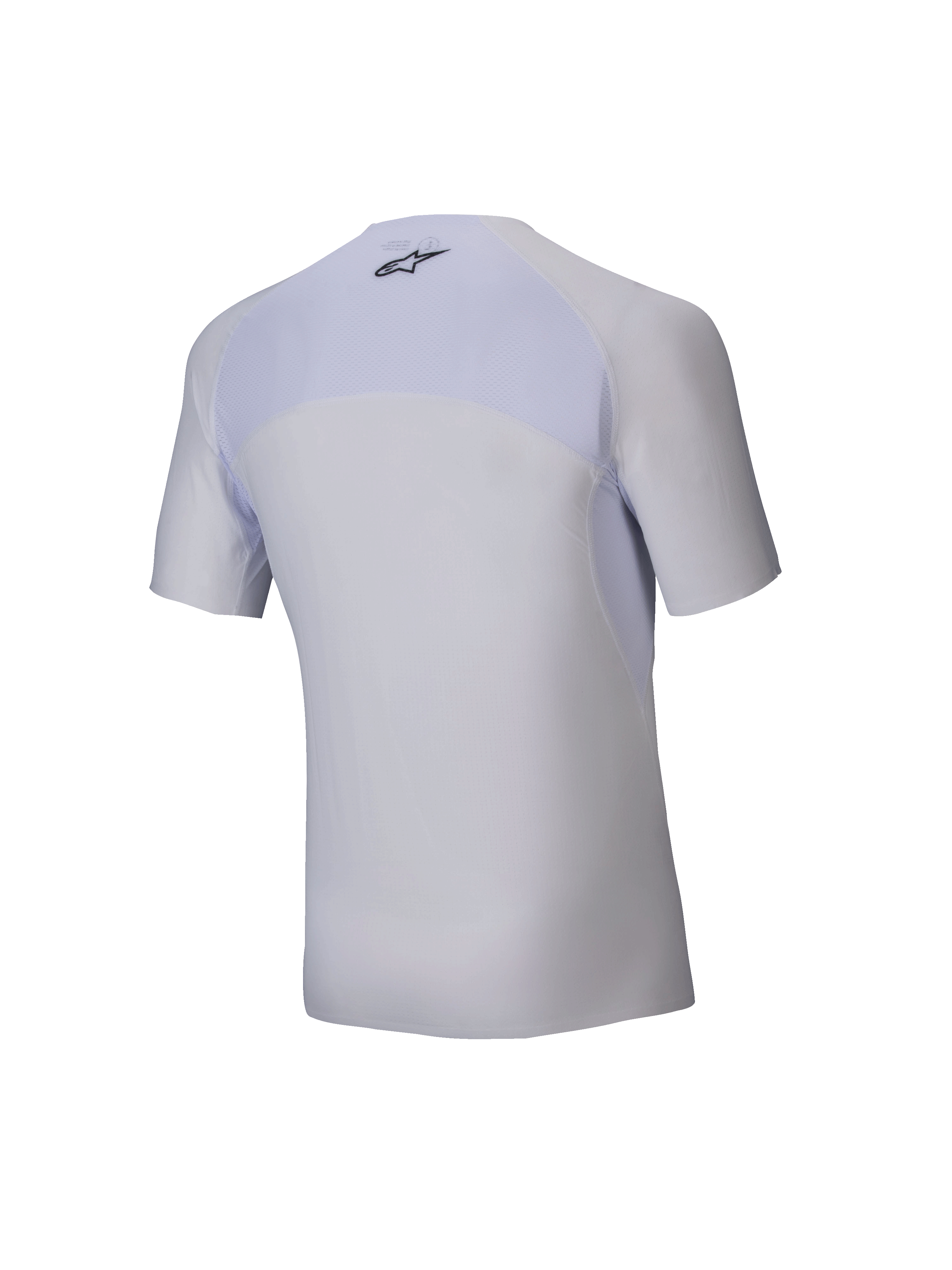 Alpinestars Tech KX Sim Top - Manga Curta, camada base de karting branca, vista traseira, apresenta painel superior das costas em malha respirável, logótipo Alpinestars preto na zona do pescoço, material elástico ergonómico para performance em competição
