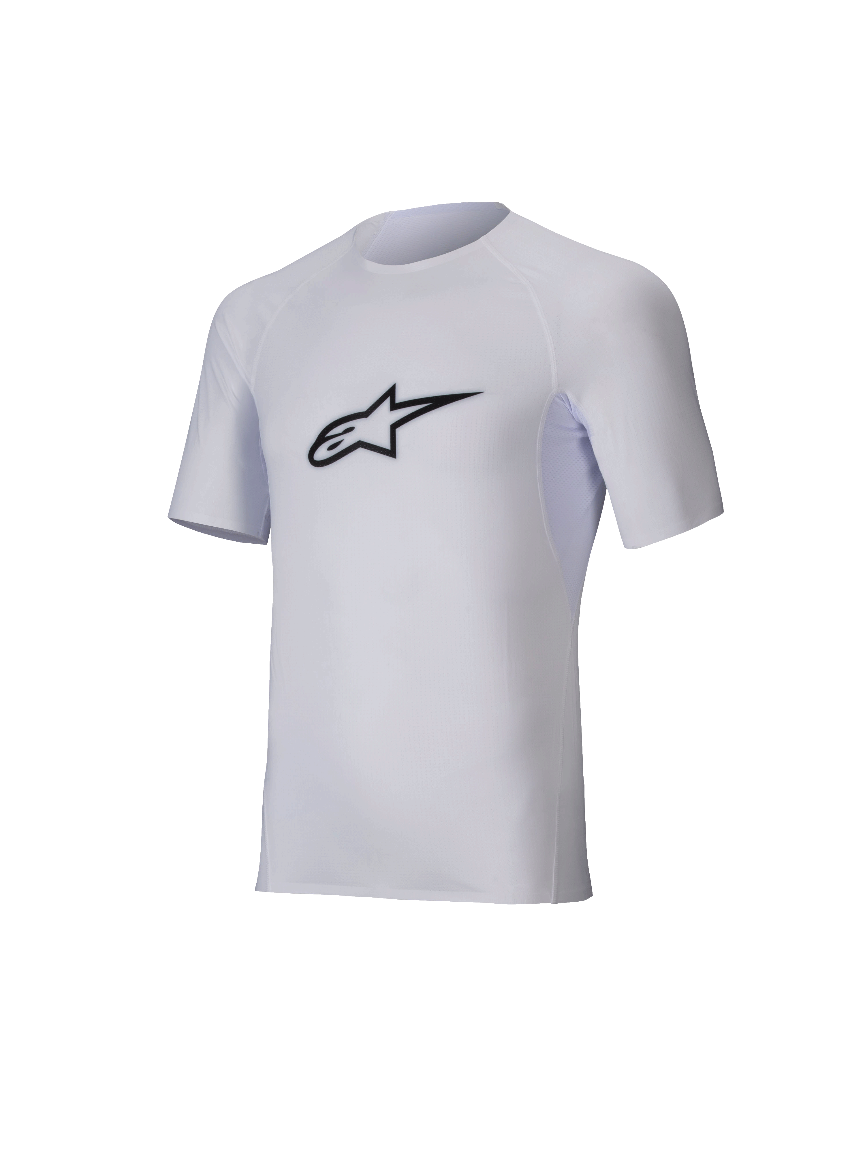 Alpinestars Tech KX Sim Top, camada base de karting de manga curta, branca, logótipo Astar preto no peito, malha elástica leve com cortes ergonómicos, equipamento técnico de performance