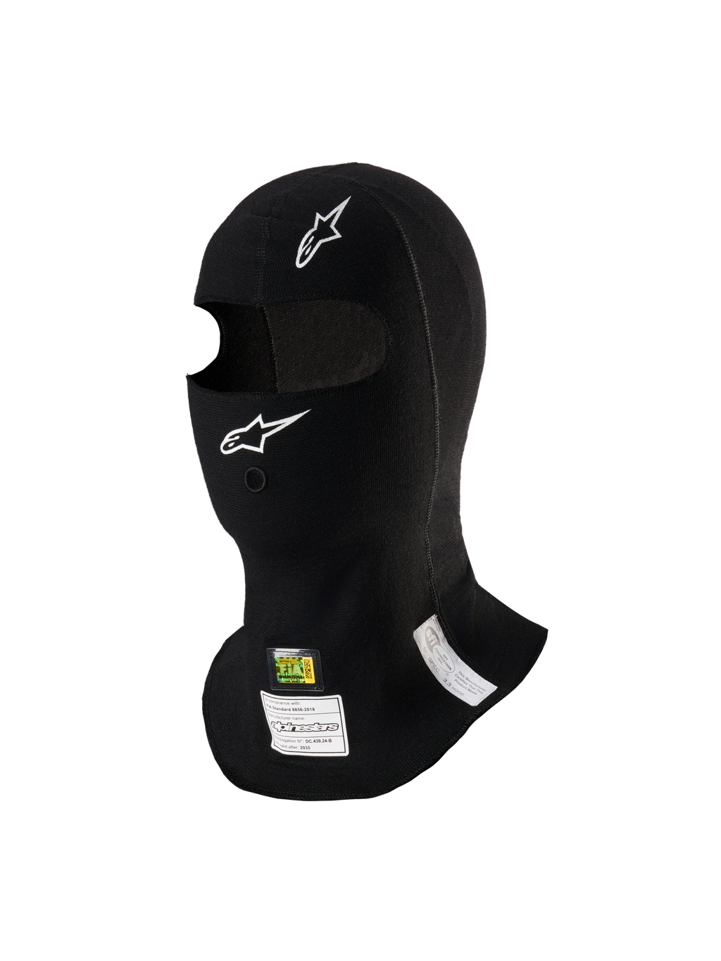 Alpinestars ZX Evo V3 Balaclava, preta, balaclava resistente às chamas para automobilismo, com logótipos Alpinestars brancos, abertura para tubo de hidratação e etiquetas de homologação FIA/SFI, design leve e ergonómico para uso em desportos motorizados