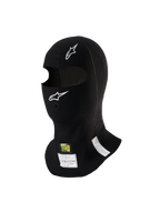 Alpinestars ZX Evo V3 Balaclava, preta, balaclava resistente às chamas para automobilismo, com logótipos Alpinestars brancos, abertura para tubo de hidratação e etiquetas de homologação FIA/SFI, design leve e ergonómico para uso em desportos motorizados