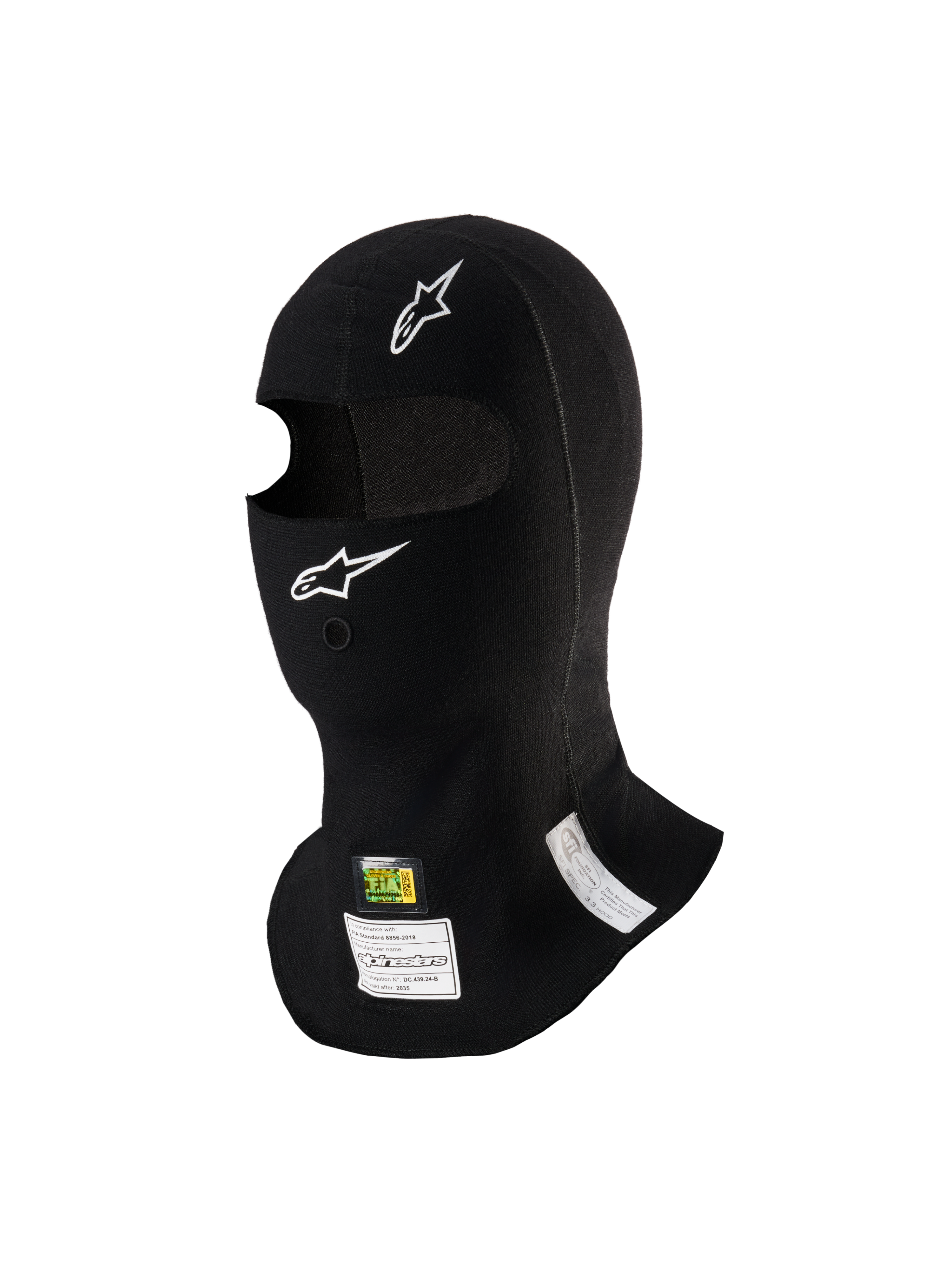Alpinestars ZX Evo V3 Balaclava, preta, balaclava resistente às chamas para automobilismo, com logótipos Alpinestars brancos, abertura para tubo de hidratação e etiquetas de homologação FIA/SFI, design leve e ergonómico para uso em desportos motorizados