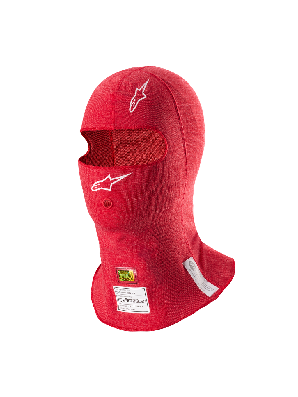 Alpinestars ZX Evo V3 Balaclava, vermelha, camada de proteção de cabeça para automobilismo resistente a chamas, com logótipos Astars brancos, abertura para tubo de hidratação e etiquetas de certificação FIA e SFI na borda inferior.
