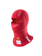 Alpinestars ZX Evo V3 Balaclava, vermelha, camada de proteção de cabeça para automobilismo resistente a chamas, com logótipos Astars brancos, abertura para tubo de hidratação e etiquetas de certificação FIA e SFI na borda inferior.