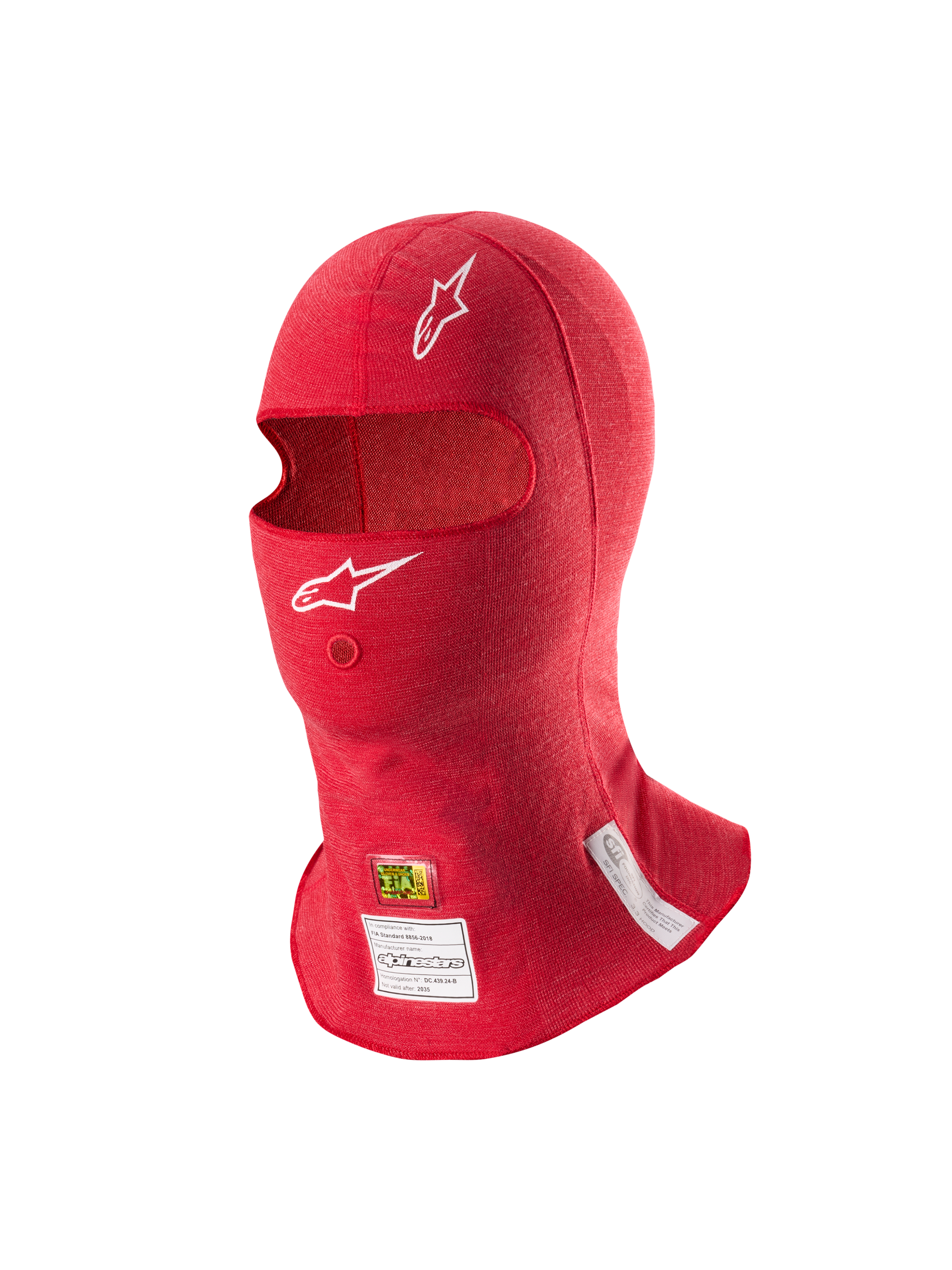 Alpinestars ZX Evo V3 Balaclava, vermelha, camada de proteção de cabeça para automobilismo resistente a chamas, com logótipos Astars brancos, abertura para tubo de hidratação e etiquetas de certificação FIA e SFI na borda inferior.