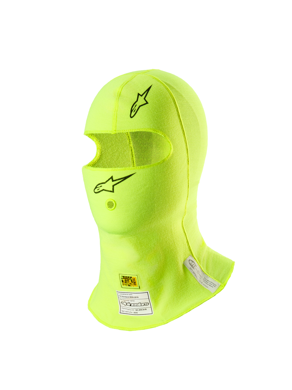 Alpinestars ZX Evo V3 Balaclava, acessório de cabeça para automobilismo, Amarelo Fluo, com logótipos de estrela pretos na testa e no queixo, etiquetas de certificação FIA e SFI no pescoço, material leve resistente às chamas com abertura para tubo de hidratação