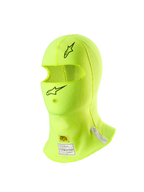 Alpinestars ZX Evo V3 Balaclava, acessório de cabeça para automobilismo, Amarelo Fluo, com logótipos de estrela pretos na testa e no queixo, etiquetas de certificação FIA e SFI no pescoço, material leve resistente às chamas com abertura para tubo de hidratação