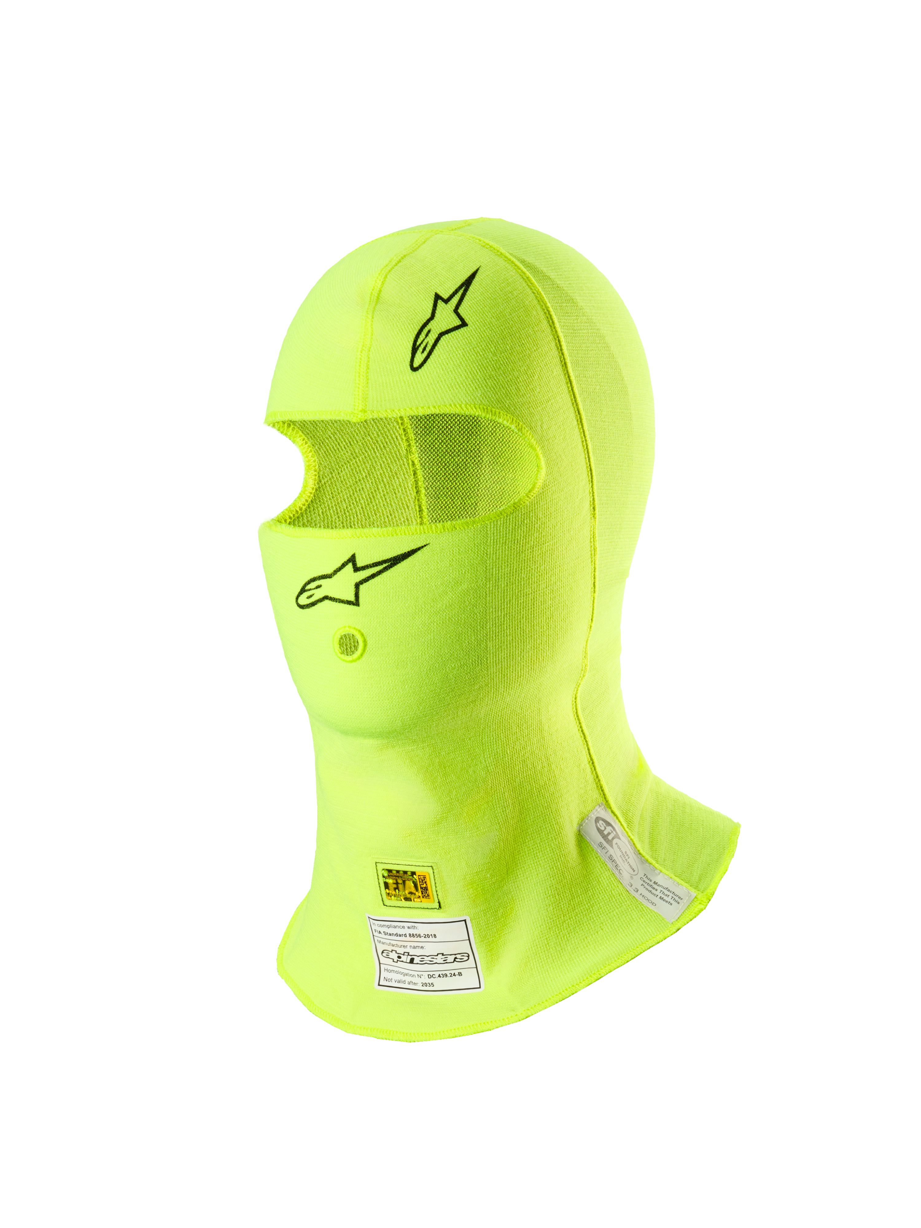 Alpinestars ZX Evo V3 Balaclava, acessório de cabeça para automobilismo, Amarelo Fluo, com logótipos de estrela pretos na testa e no queixo, etiquetas de certificação FIA e SFI no pescoço, material leve resistente às chamas com abertura para tubo de hidratação