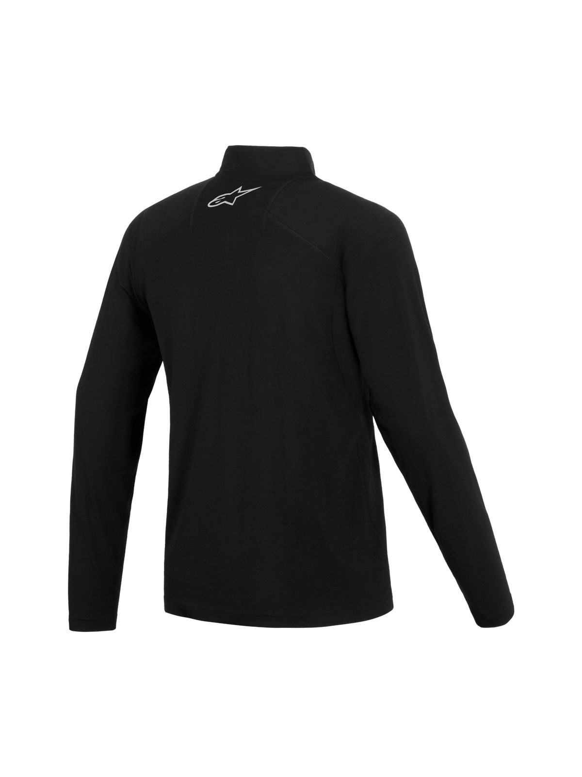 Alpinestars AT-8 Merino Top Layer, Motorcycle Adventure Base Layer, Black, featuring long sleeves, a collar, and white logo on the rear neck