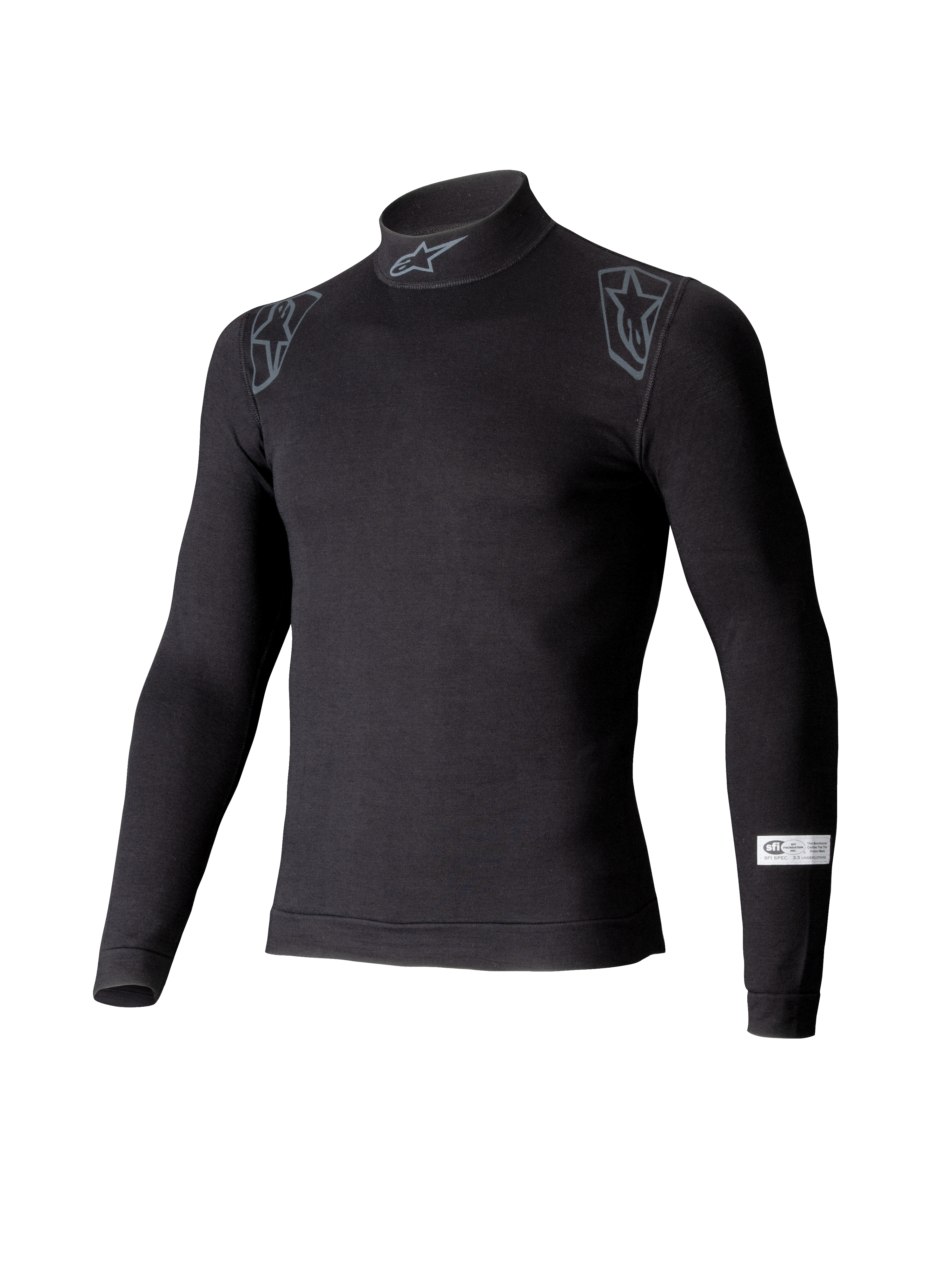 Alpinestars ZX Evo V3 Top, camada de base de manga comprida para automobilismo, preto, com gola alta e logótipo Alpinestars, gráficos nos ombros e etiqueta de certificação SFI na manga, roupa interior profissional resistente às chamas para desportos motorizados