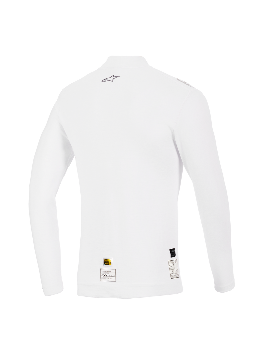 Top de Manga Comprida Alpinestars ZX Evo V3, Branco, Vista Traseira, camada de base de automobilismo resistente às chamas com um pequeno logótipo Alpinestars cinzento na parte superior das costas e etiquetas de certificação na bainha, ajuste de performance com textura suave