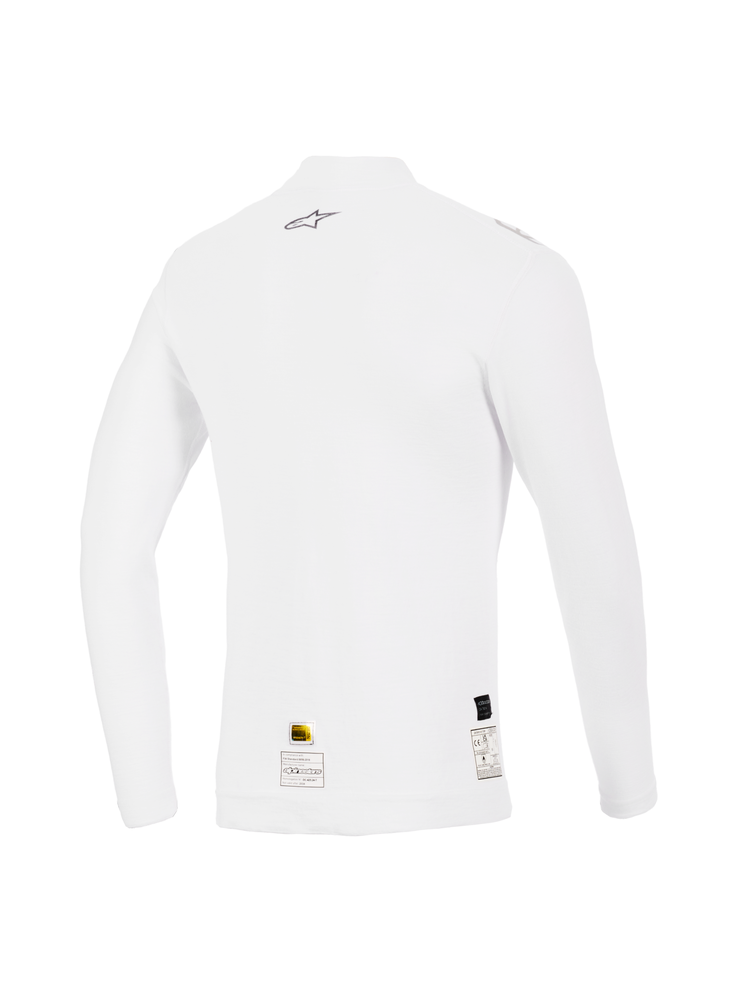 Top de Manga Comprida Alpinestars ZX Evo V3, Branco, Vista Traseira, camada de base de automobilismo resistente às chamas com um pequeno logótipo Alpinestars cinzento na parte superior das costas e etiquetas de certificação na bainha, ajuste de performance com textura suave