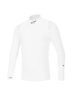Alpinestars ZX Evo V3 Long Sleeve Top, camada de base para automobilismo branca, design resistente às chamas com logótipo de estrela preto na gola e logótipos brancos subtis nos ombros, equipamento profissional de desportos motorizados