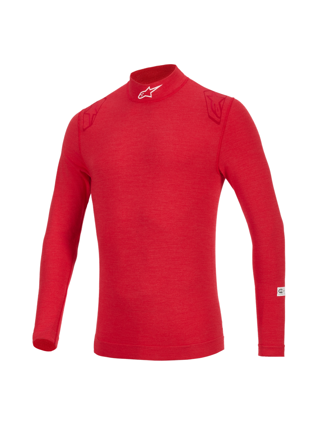 Alpinestars ZX Evo V3 Top - Manga Comprida, camisola interior de automobilismo resistente às chamas, vermelha com gola alta e logótipo branco, detalhes tonais nos ombros e tecido técnico leve para proteção de pilotos profissionais.