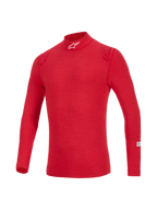 Alpinestars ZX Evo V3 Top - Manga Comprida, camisola interior de automobilismo resistente às chamas, vermelha com gola alta e logótipo branco, detalhes tonais nos ombros e tecido técnico leve para proteção de pilotos profissionais.