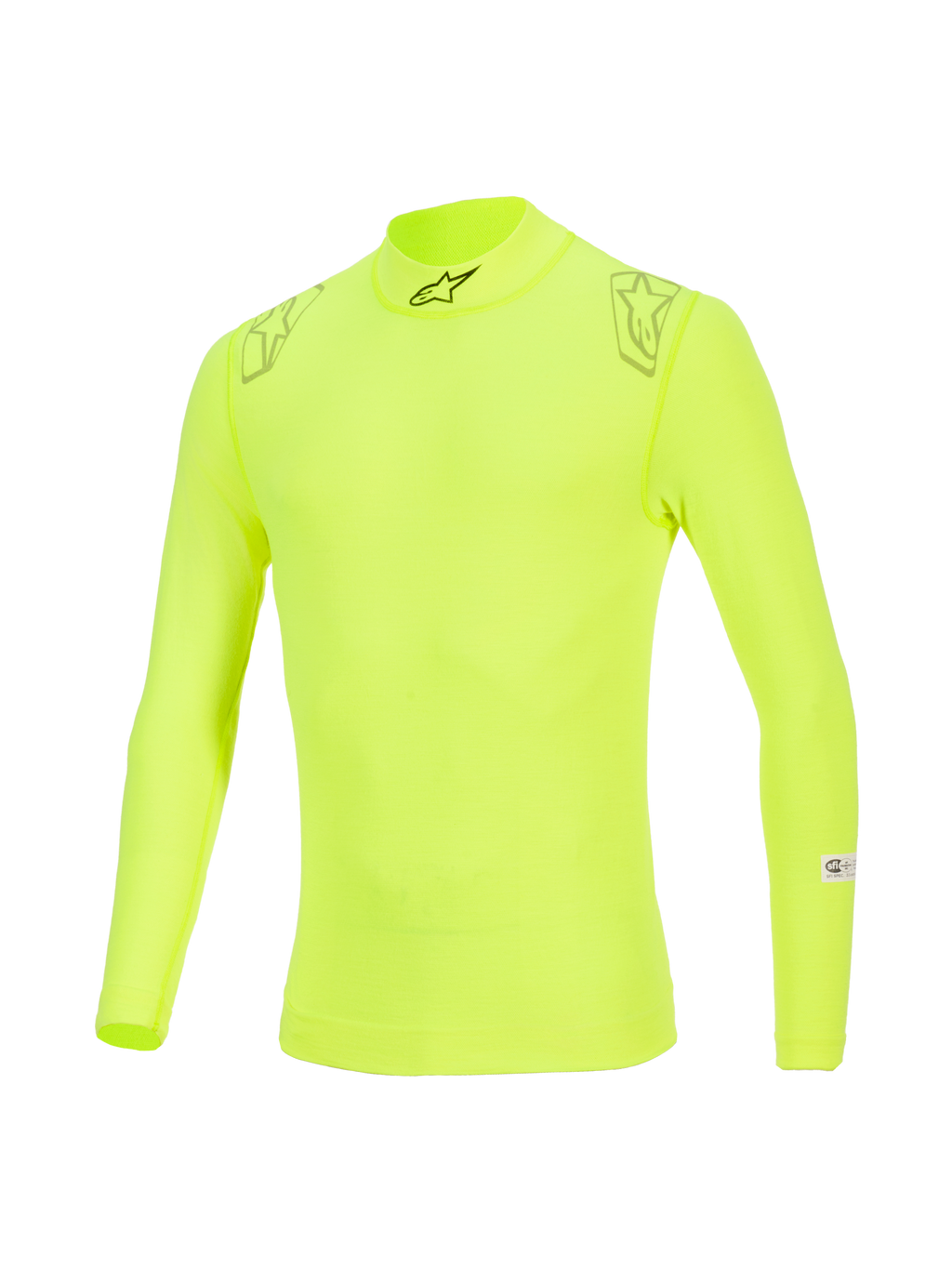 Alpinestars ZX Evo V3 Top, camada de base de manga comprida, Amarelo Fluo, com gola alta e logótipo preto, gráficos de estrela nos ombros e etiquetas de certificação FIA/SFI na manga, roupa interior técnica de automobilismo resistente a chamas.