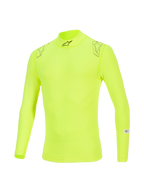 Alpinestars ZX Evo V3 Top, camada de base de manga comprida, Amarelo Fluo, com gola alta e logótipo preto, gráficos de estrela nos ombros e etiquetas de certificação FIA/SFI na manga, roupa interior técnica de automobilismo resistente a chamas.