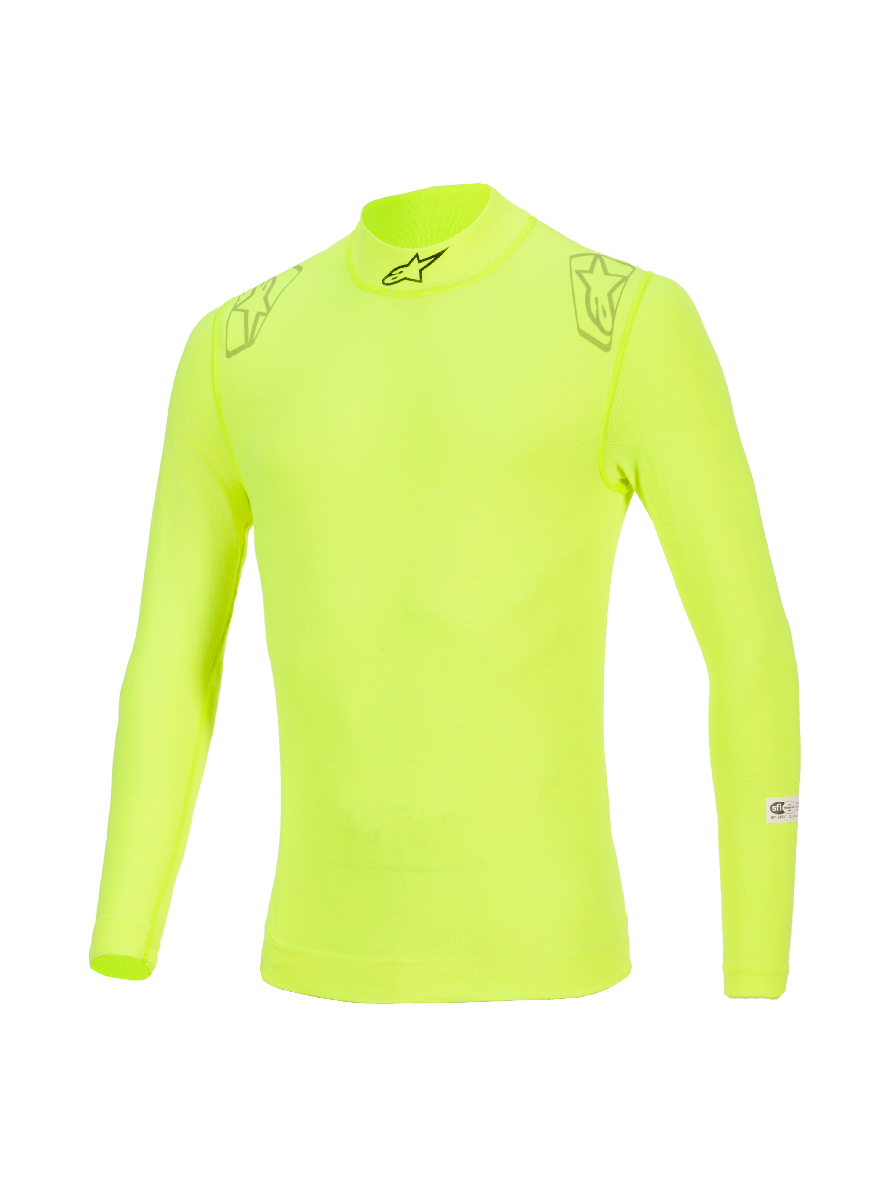Alpinestars ZX Evo V3 Top, camada de base de manga comprida, Amarelo Fluo, com gola alta e logótipo preto, gráficos de estrela nos ombros e etiquetas de certificação FIA/SFI na manga, roupa interior técnica de automobilismo resistente a chamas.