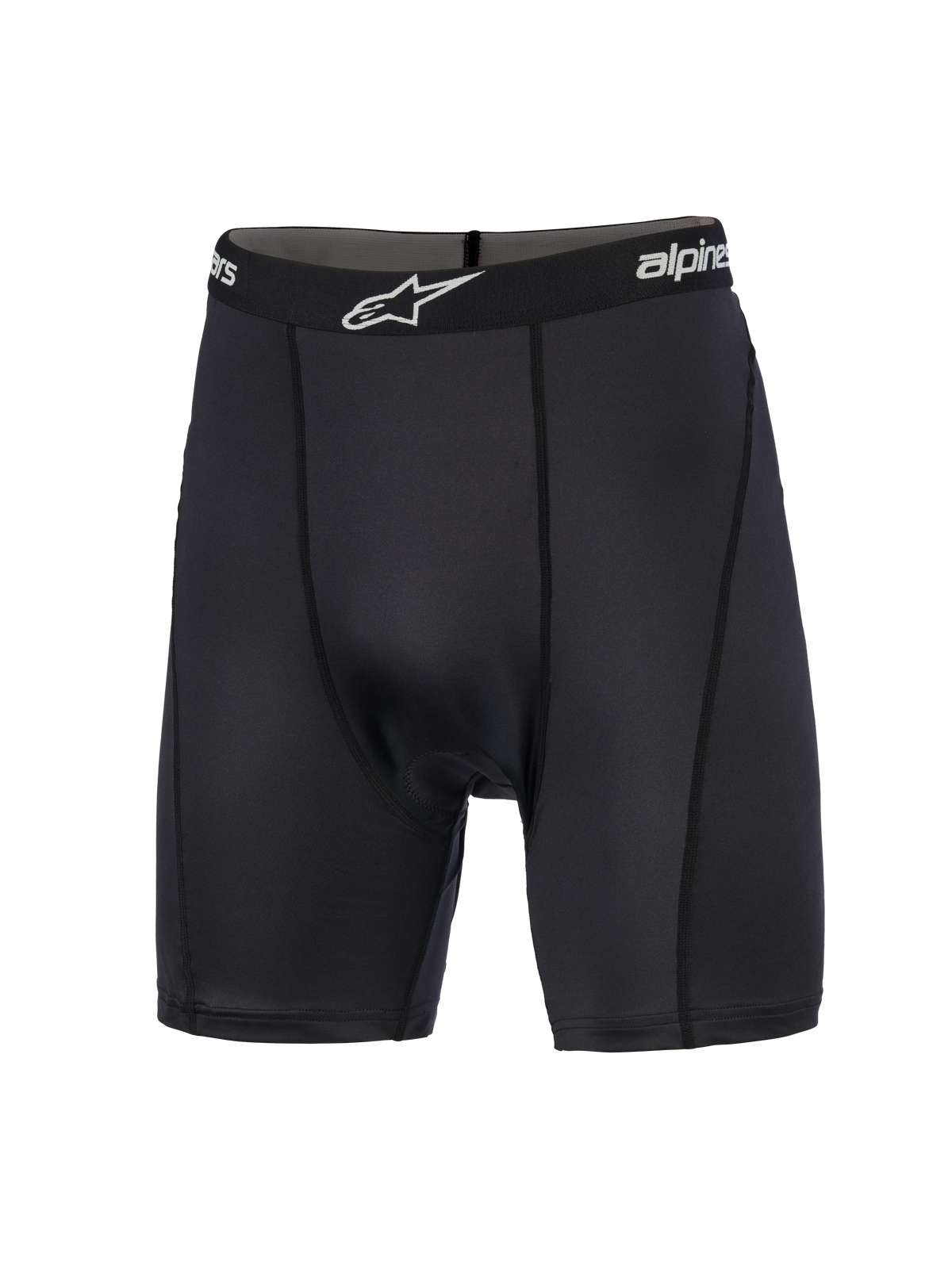 Alpinestars MX Boxer Padded, calções de compressão para motocross, pretos, com cintura elástica de marca e logótipo branco, costuras verticais planas e tecido elástico de malha suave para conforto em condução fora de estrada