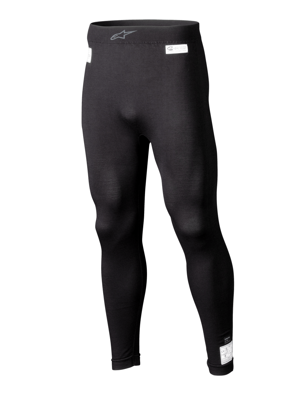 Alpinestars ZX Evo V3 Bottom, calças interiores de base para desportos motorizados pretas, roupa interior de corrida resistente a chamas, design de perna inteira com etiquetas de certificação FIA e SFI brancas, cintura elástica com logótipo Astars cinzento, ajuste justo elegante