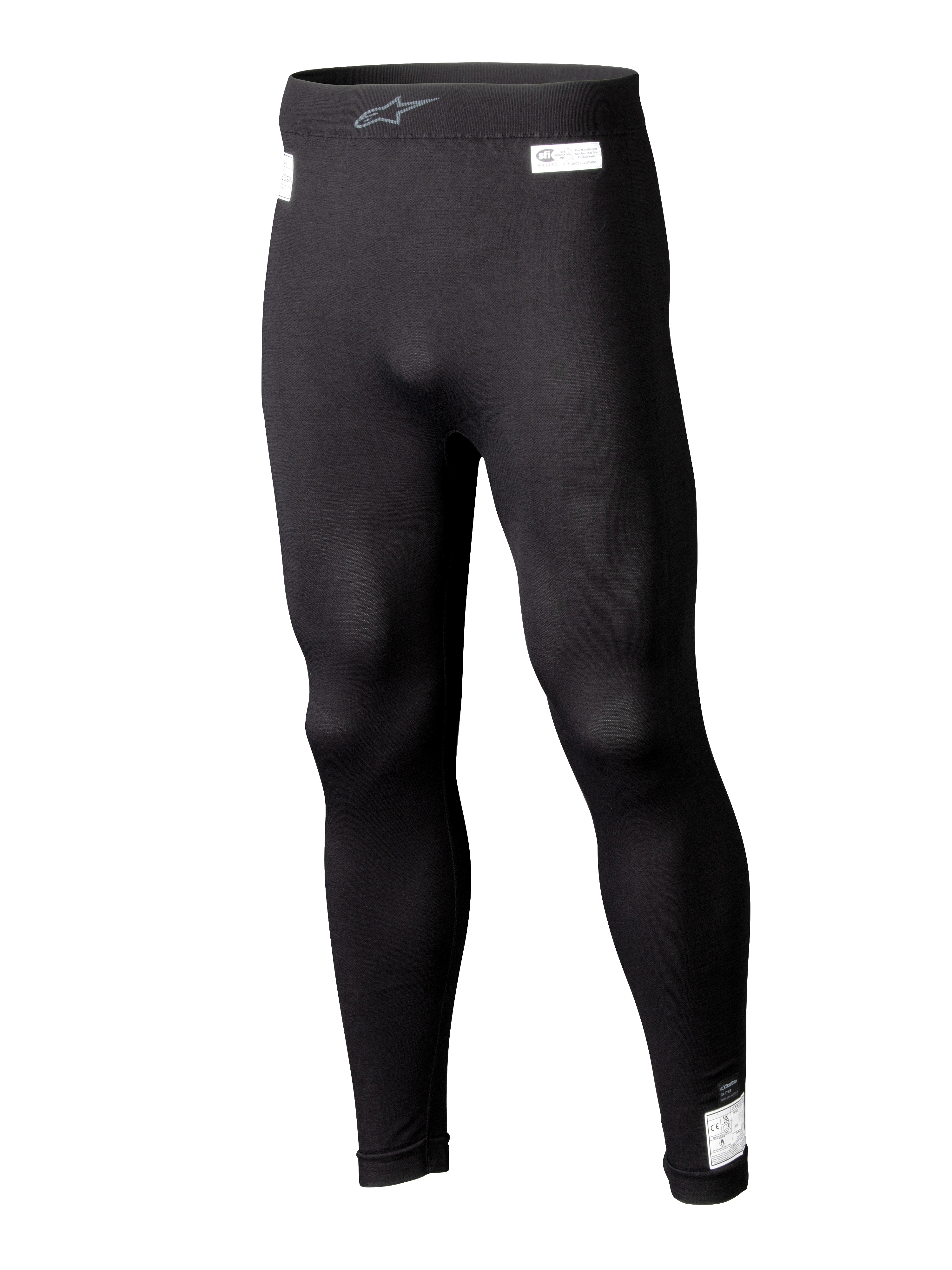 Alpinestars ZX Evo V3 Bottom, calças interiores de base para desportos motorizados pretas, roupa interior de corrida resistente a chamas, design de perna inteira com etiquetas de certificação FIA e SFI brancas, cintura elástica com logótipo Astars cinzento, ajuste justo elegante