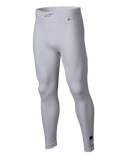 Alpinestars ZX Evo V3 Bottom, camada de base branca para automobilismo, leggings de compressão resistentes ao fogo, com o logótipo Alpinestars na cintura elástica e etiquetas de certificação, tecido leve e elástico para performance em desportos motorizados